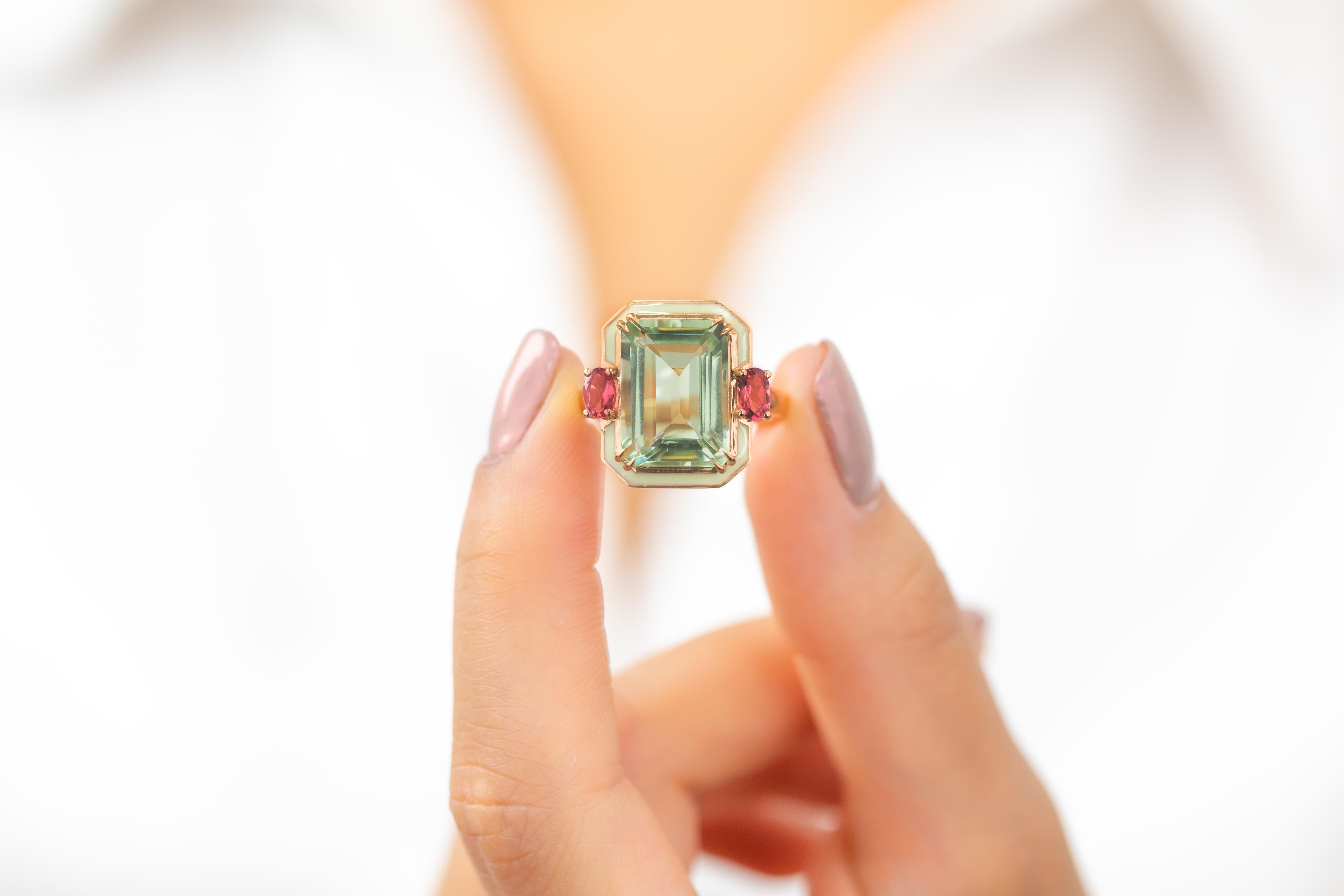 For Sale:  Art Deco 6.70ct. Green Amethyst and 0.45 ct. 14K Gold Ring With Pink Tourmaline 9