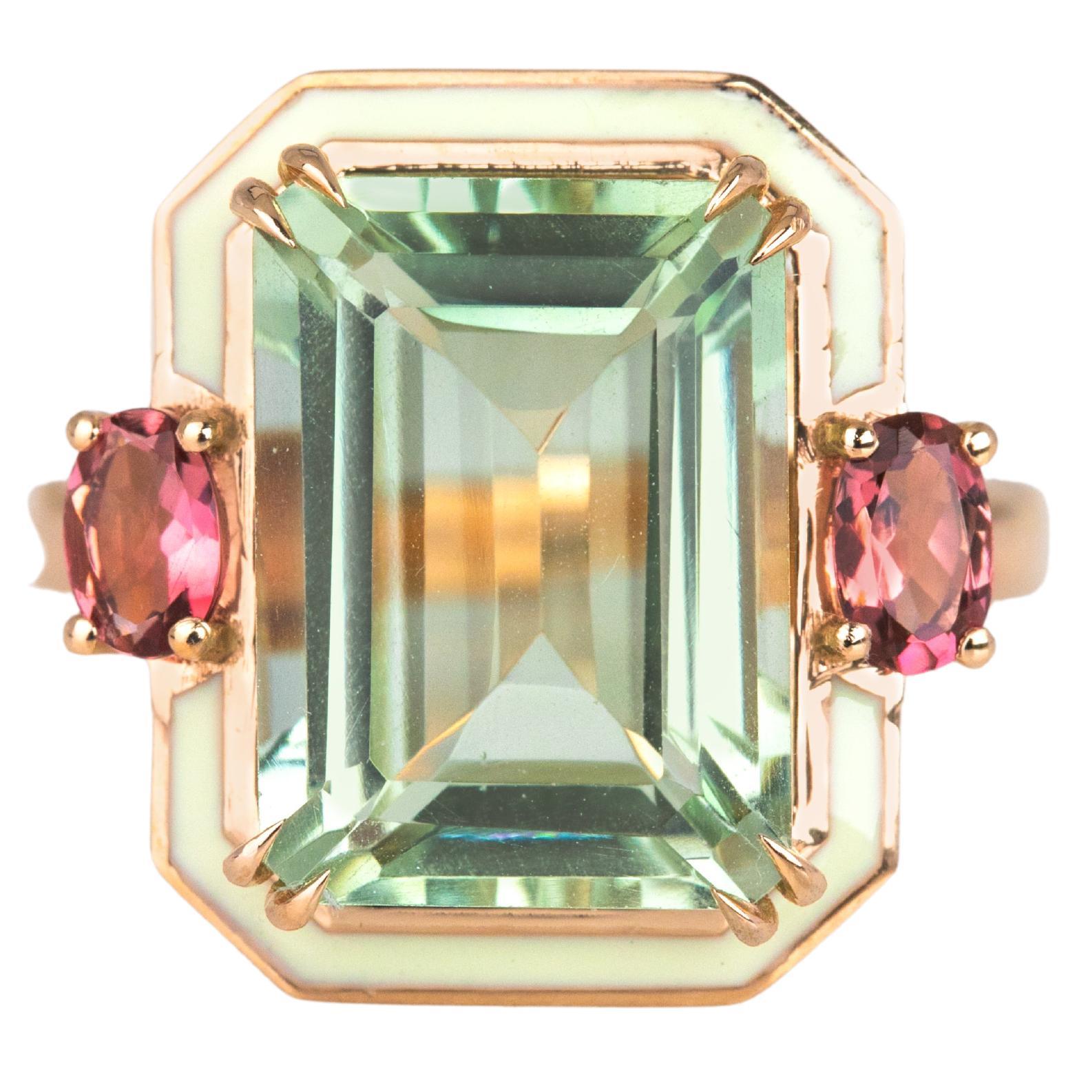 For Sale:  Art Deco 6.70ct. Green Amethyst and 0.45 ct. 14K Gold Ring With Pink Tourmaline