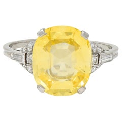 Art Deco 6.75 CTW No Heat Yellow Ceylon Sapphire Diamond Platinum Ring GIA