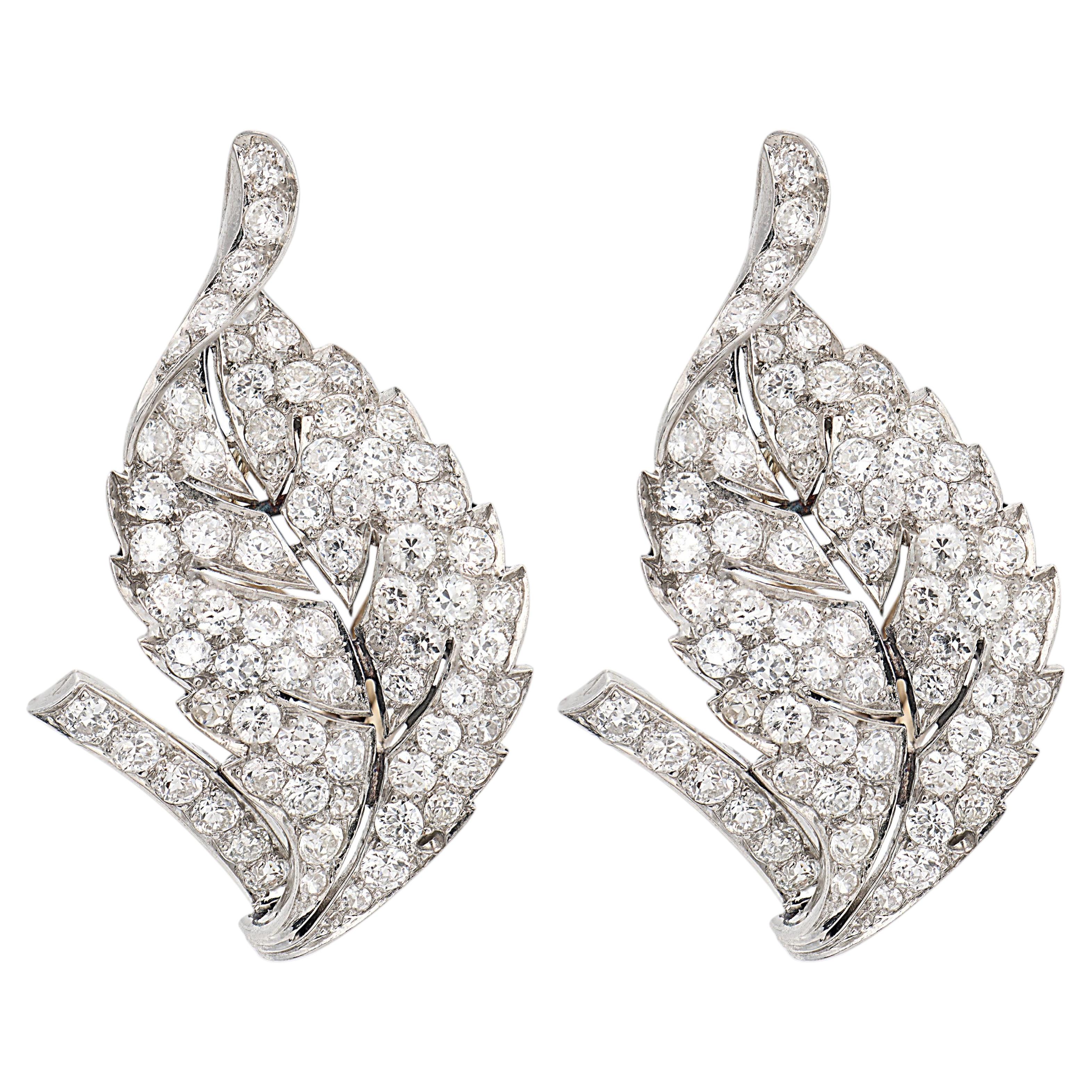 Art Deco 6.80 carat diamond platinum leaf earrings