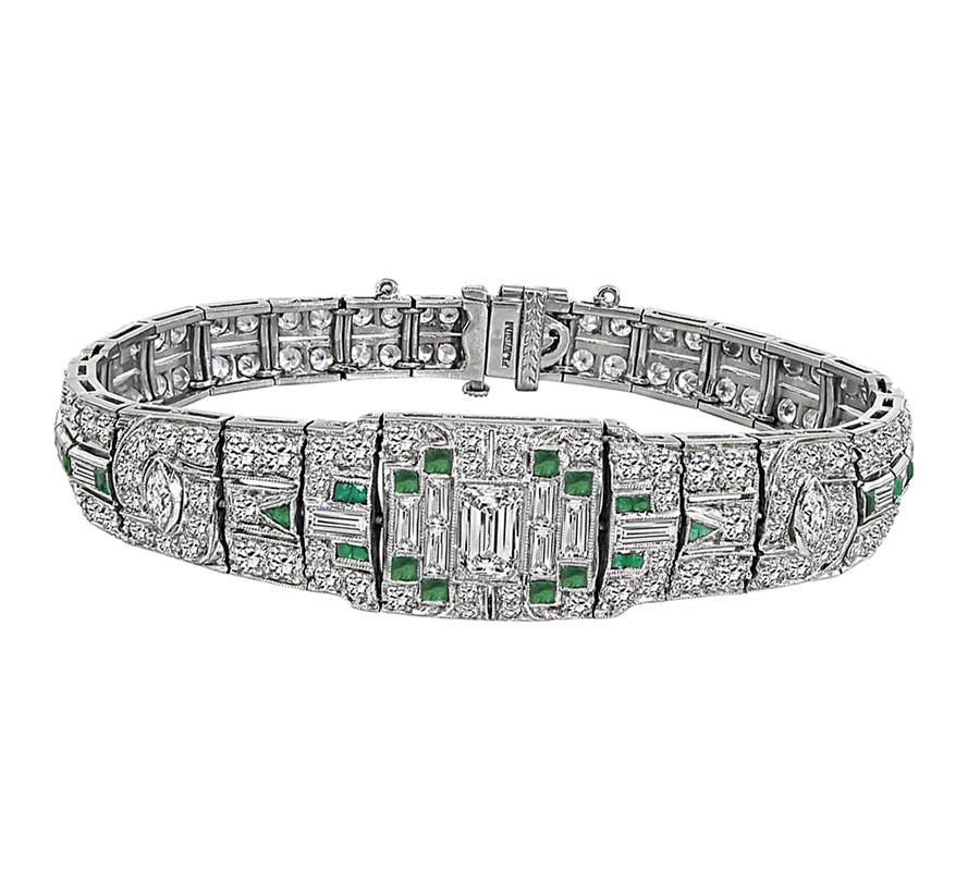 Emerald Cut Art Deco 6.80ct Diamond Emerald Bracelet For Sale