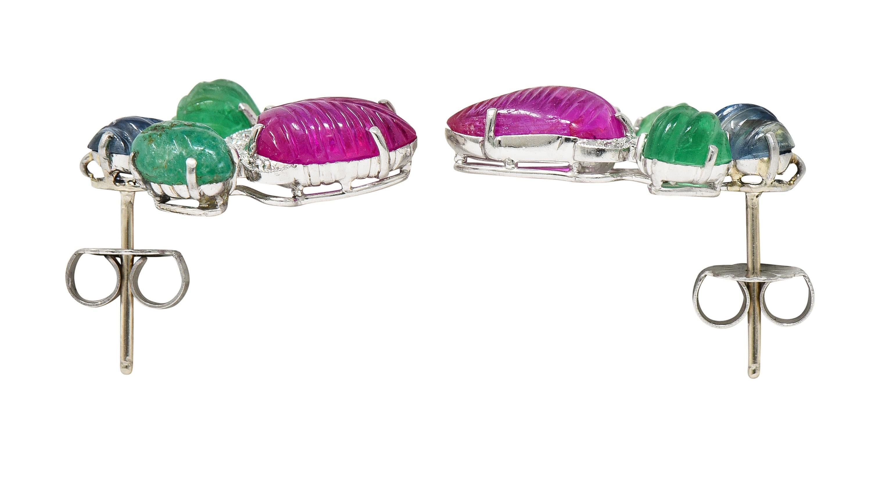 Women's or Men's Art Deco 6.83 CTW Diamond Ruby Sapphire Emerald Platinum Tutti Frutti Earrings For Sale