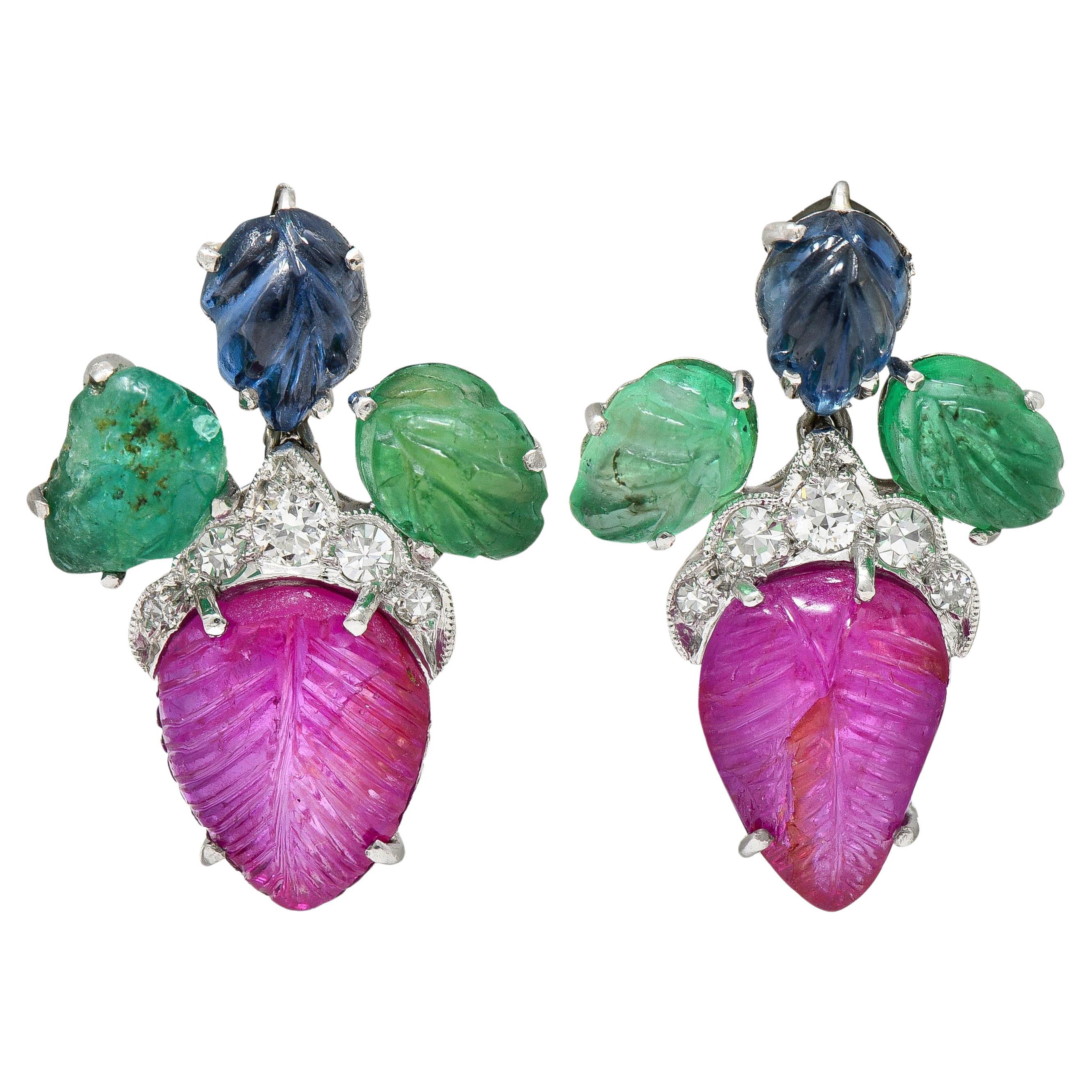 Art Deco 6.83 CTW Diamond Ruby Sapphire Emerald Platinum Tutti Frutti Earrings For Sale