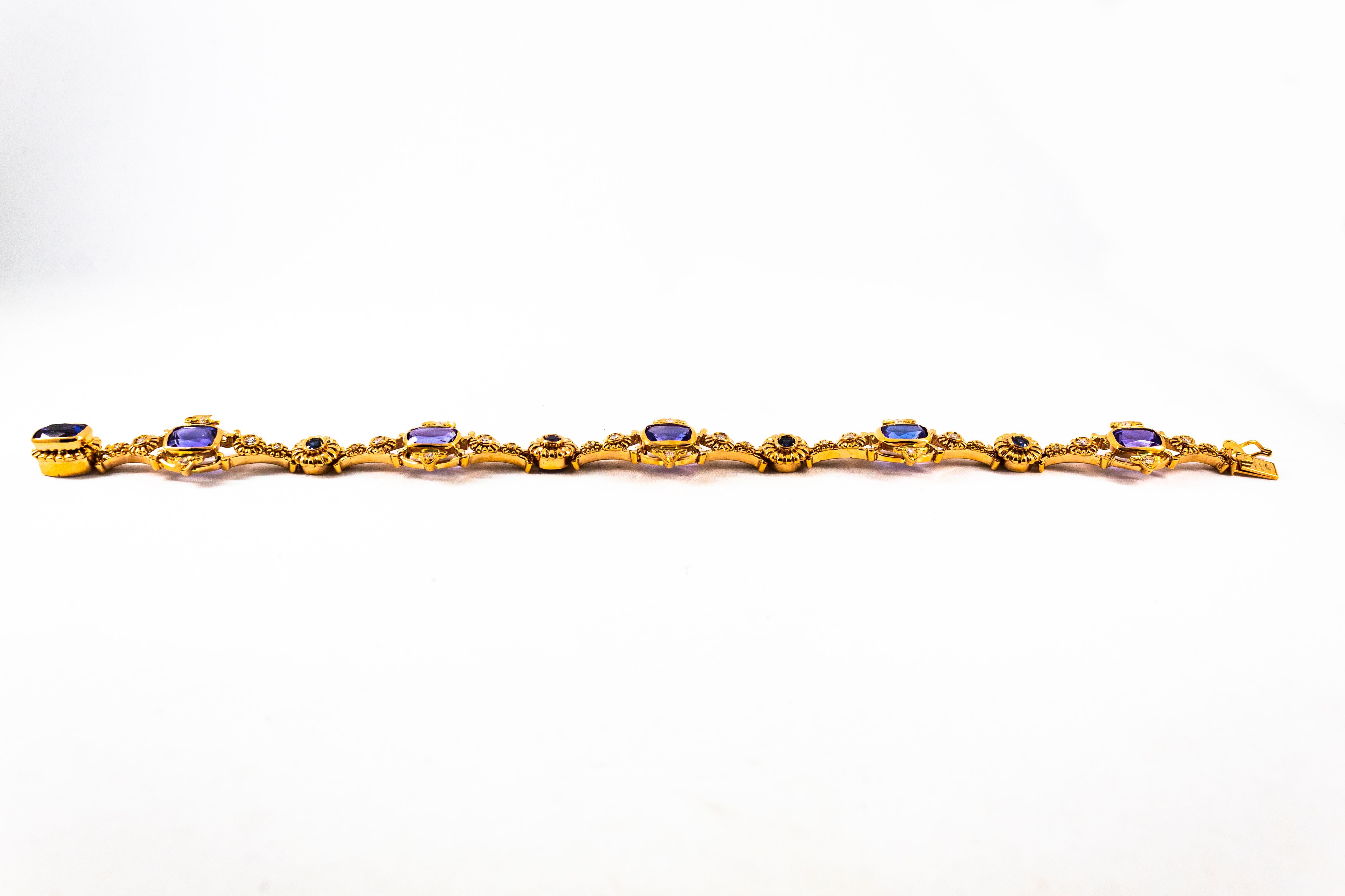 This Bracelet is made of 14K Yellow Gold.
This Bracelet has 0.60 Carats of White Modern Round Cut Diamonds.
This Bracelet has 0.30 Carats of Blue Sapphires.
This Bracelet has 6.00 Carats of Natural Tanzanite.
This Bracelet is available also with