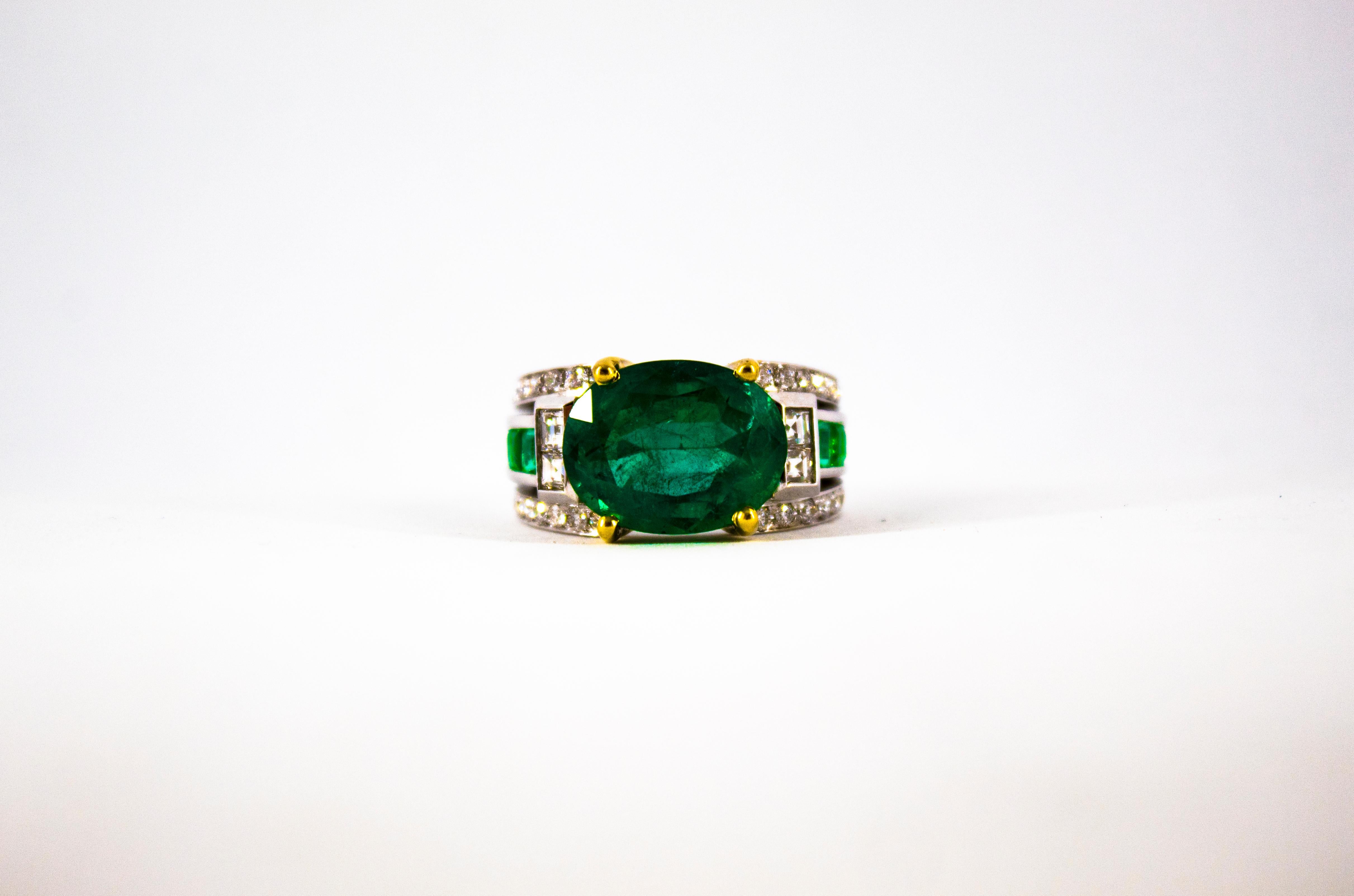 Art Deco 6.93 Carat Emerald 0.82 Carat White Diamond White Gold Cocktail Ring 10