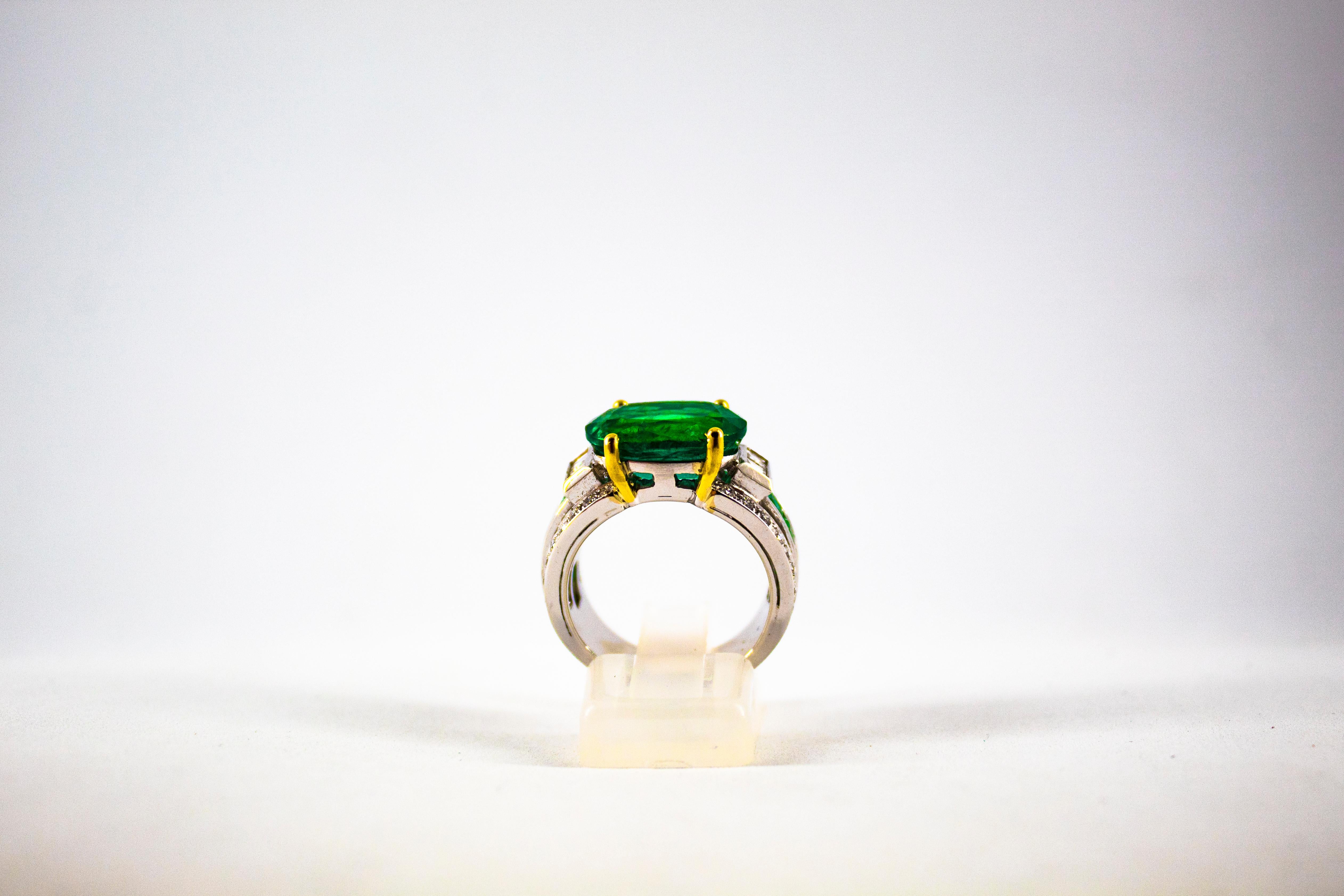 Art Deco 6.93 Carat Emerald 0.82 Carat White Diamond White Gold Cocktail Ring In New Condition In Naples, IT