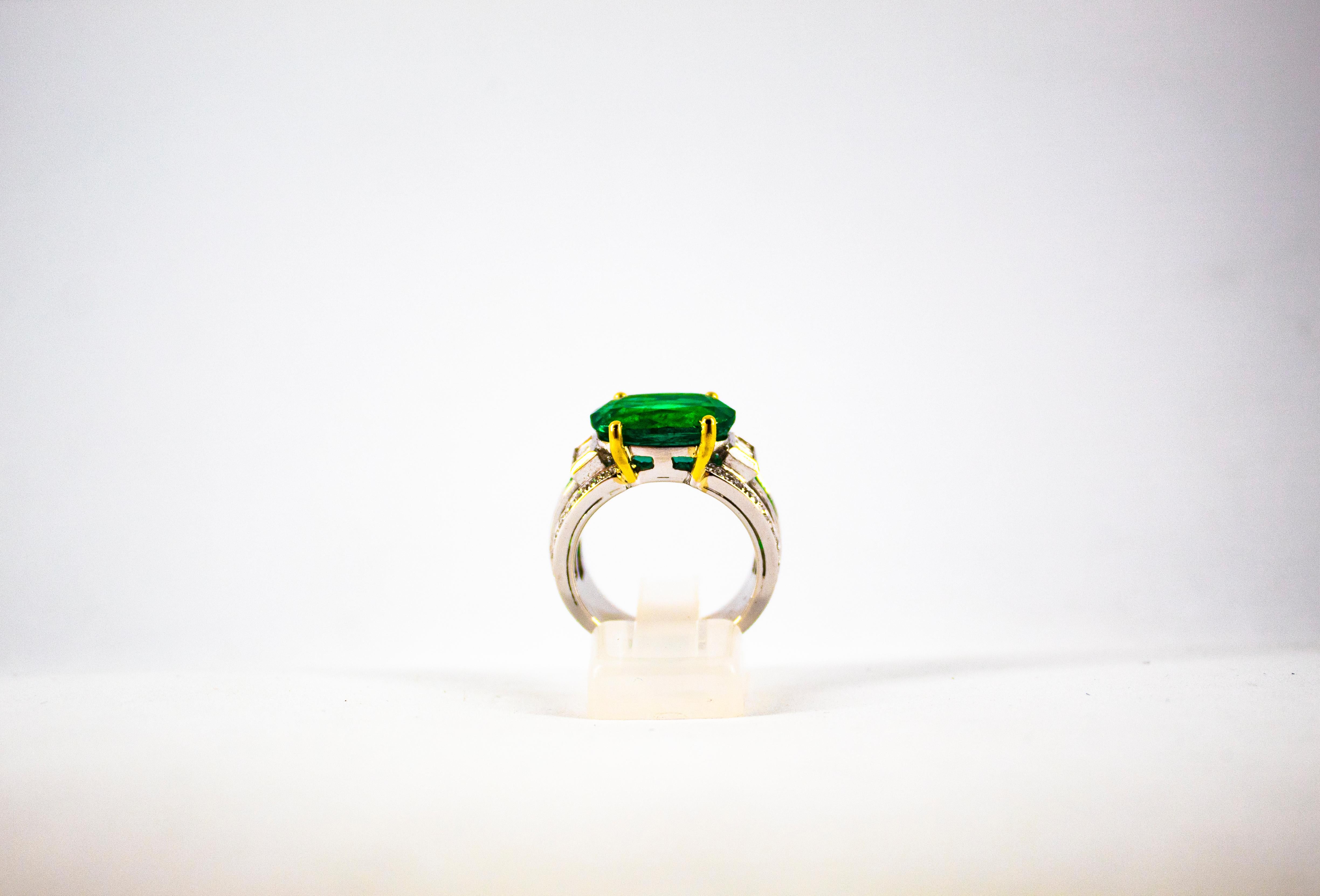 Women's or Men's Art Deco 6.93 Carat Emerald 0.82 Carat White Diamond White Gold Cocktail Ring