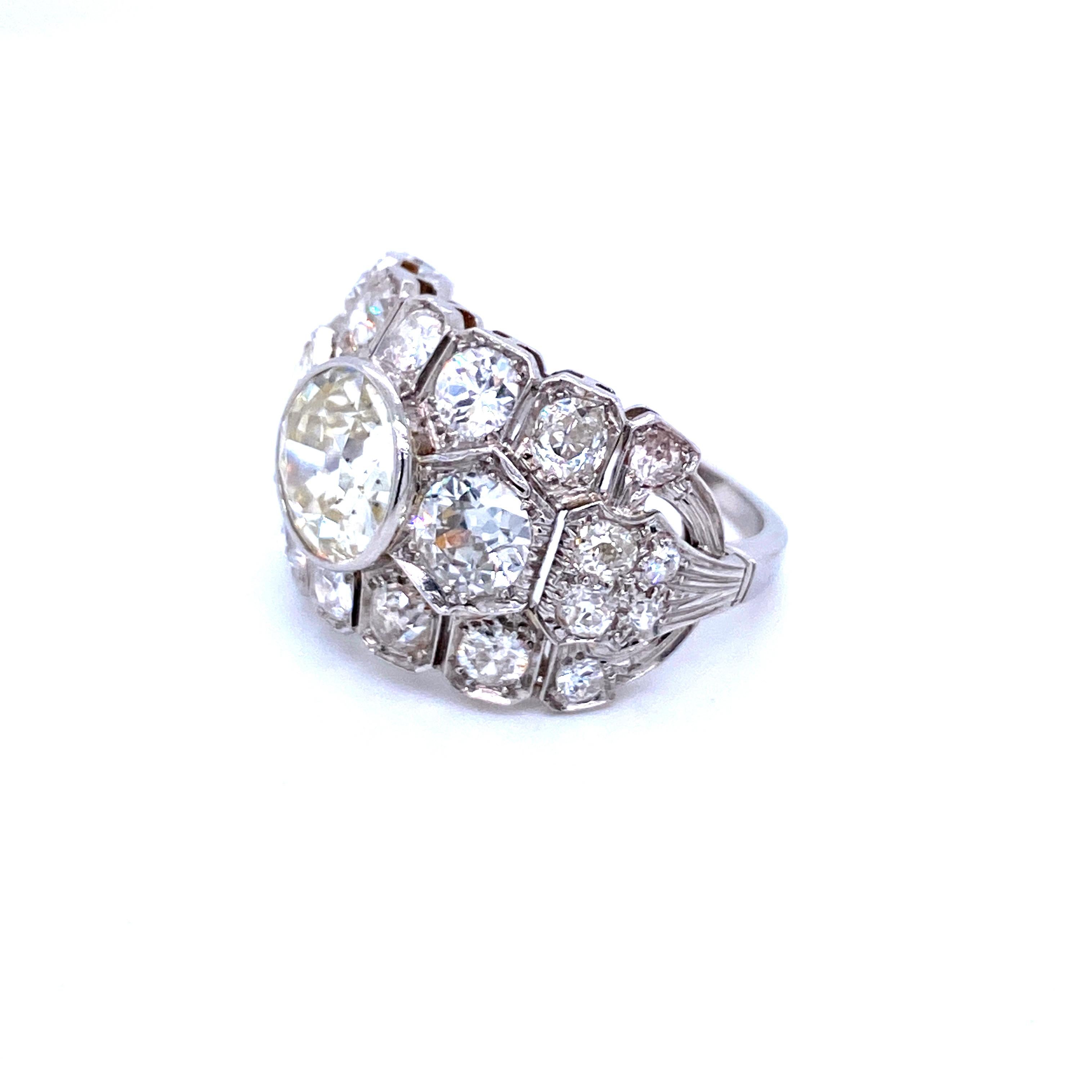 Old Mine Cut Art Deco 7 Carat Diamond Plaque Ring