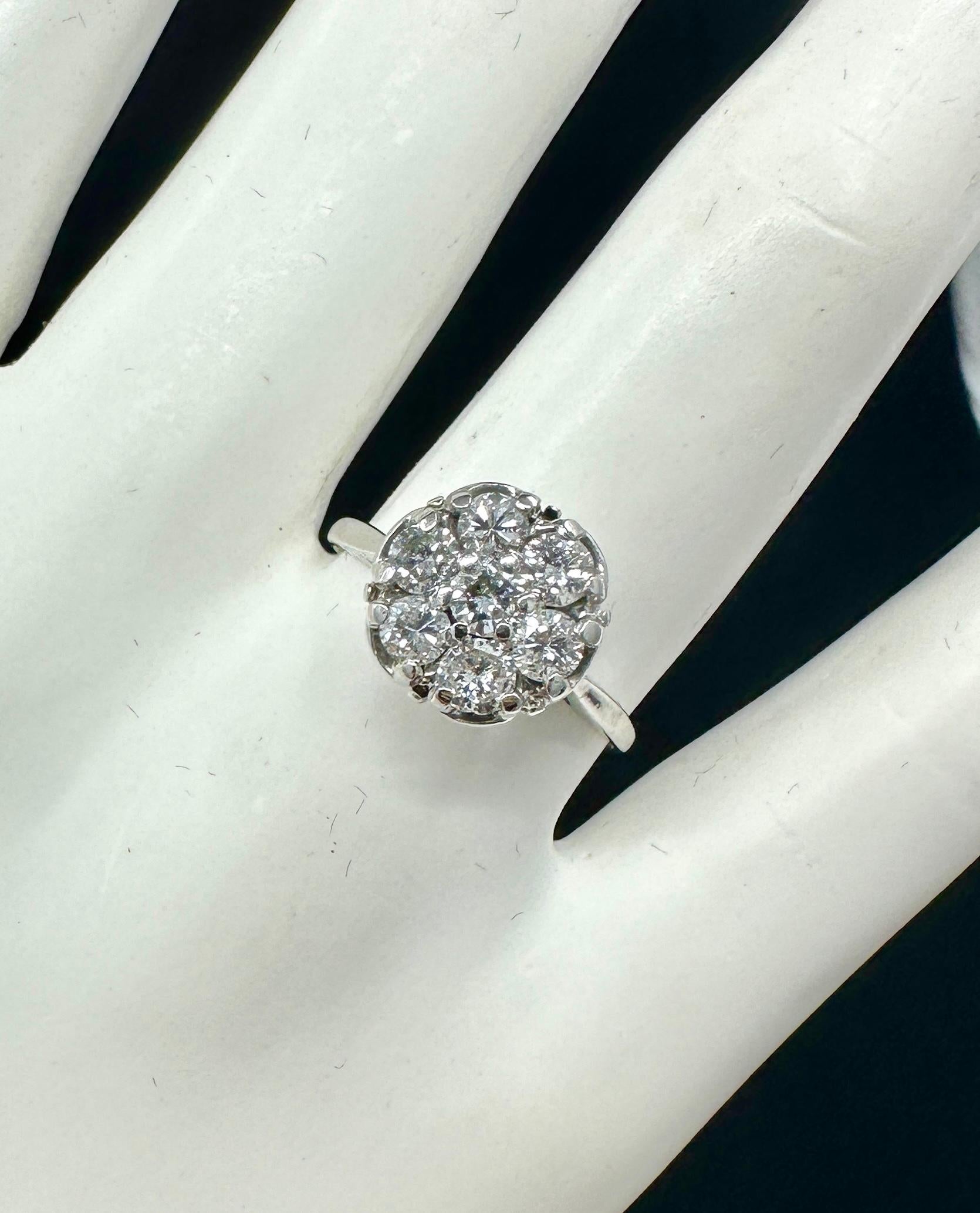 Art Deco 7 Diamant 14 Karat Weißgold Ring Hochzeit Verlobung Cluster Cocktail (Art déco) im Angebot