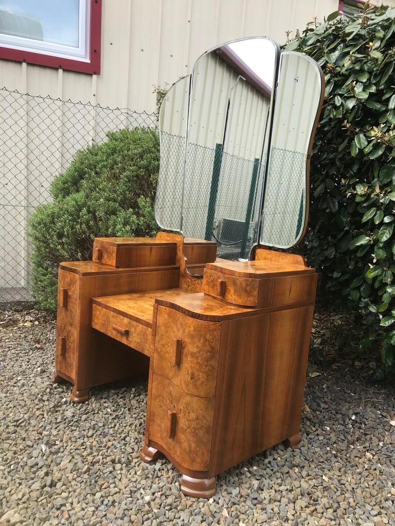 Art Deco 7 Drawer Burr Walnut Dressing Table with Triptych Mirror at 1stDibs