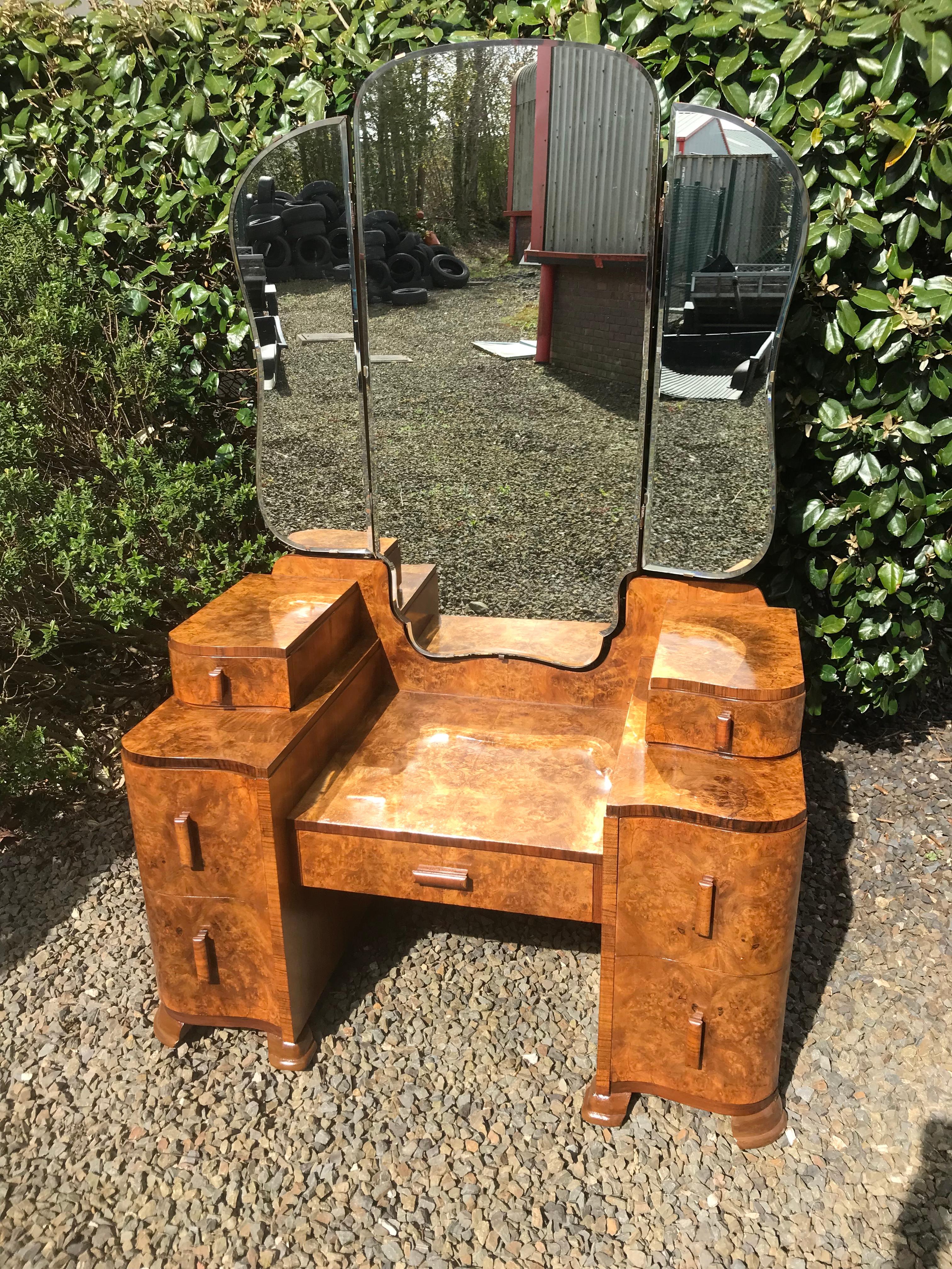 Art Deco 7 Drawer Burr Walnut Dressing Table with Triptych Mirror 6