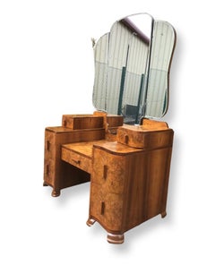 Art Deco 7 Drawer Burr Walnut Dressing Table with Triptych Mirror