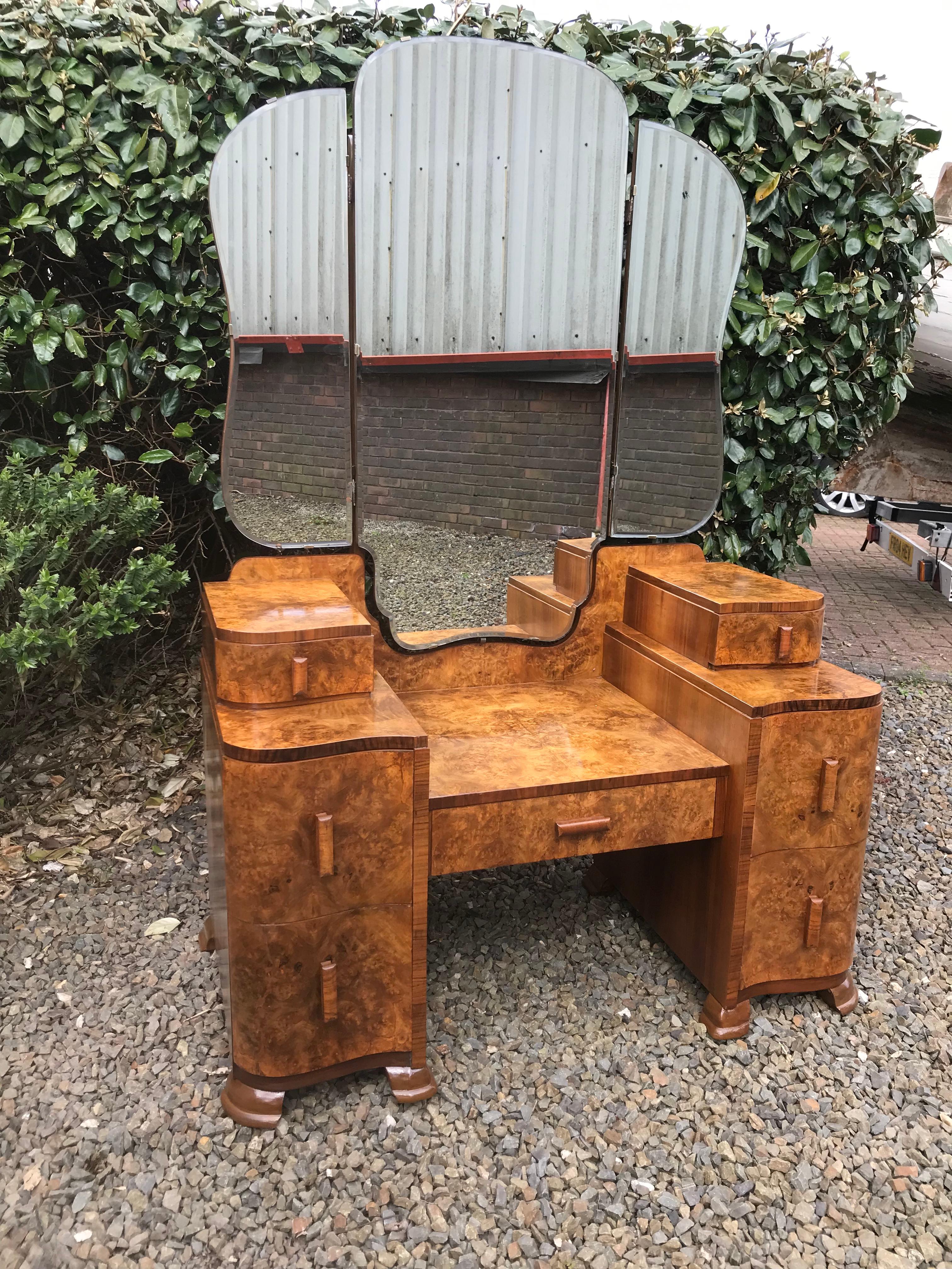 Art Deco 7 Drawer Burr Walnut Dressing Table with Triptych Mirror 1