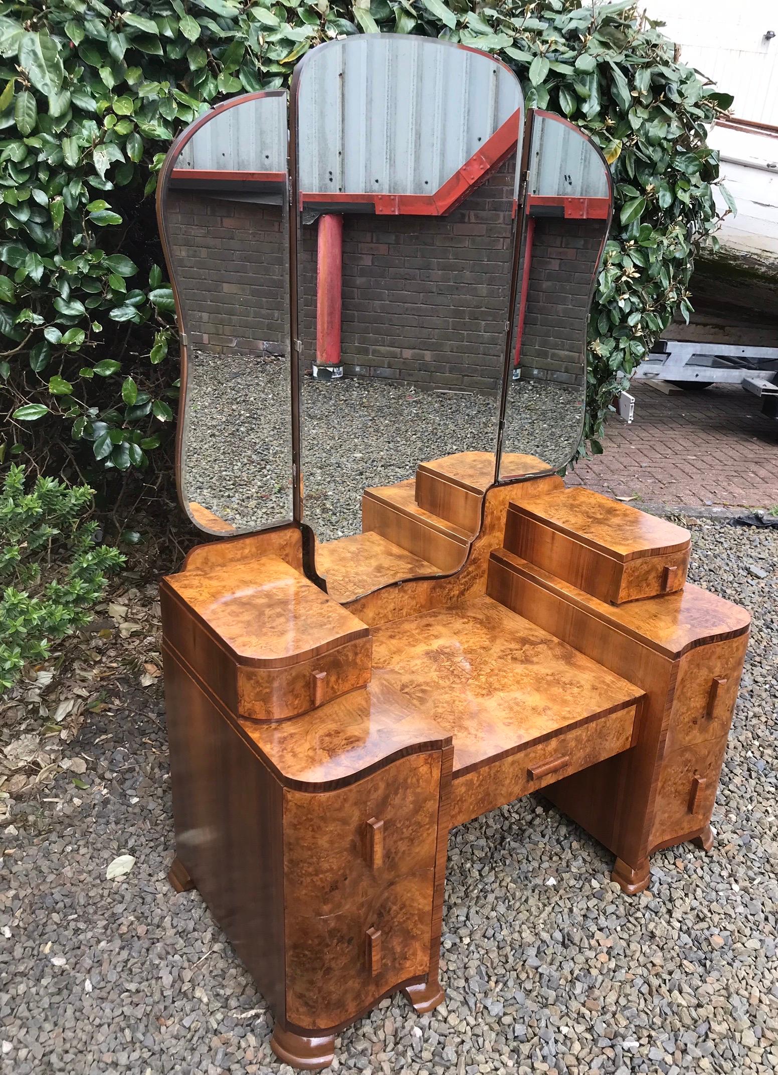 Art Deco 7 Drawer Burr Walnut Dressing Table with Triptych Mirror 3