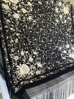 Art Deco 7 Ft. Black Silk Manila Piano Shawl With White Floral Embroidery