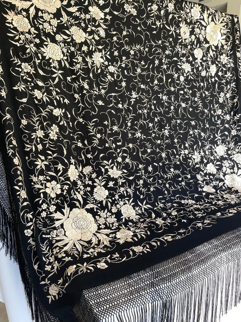Art Deco black silk piano shawl hand embroidered with white silk floral design and 12