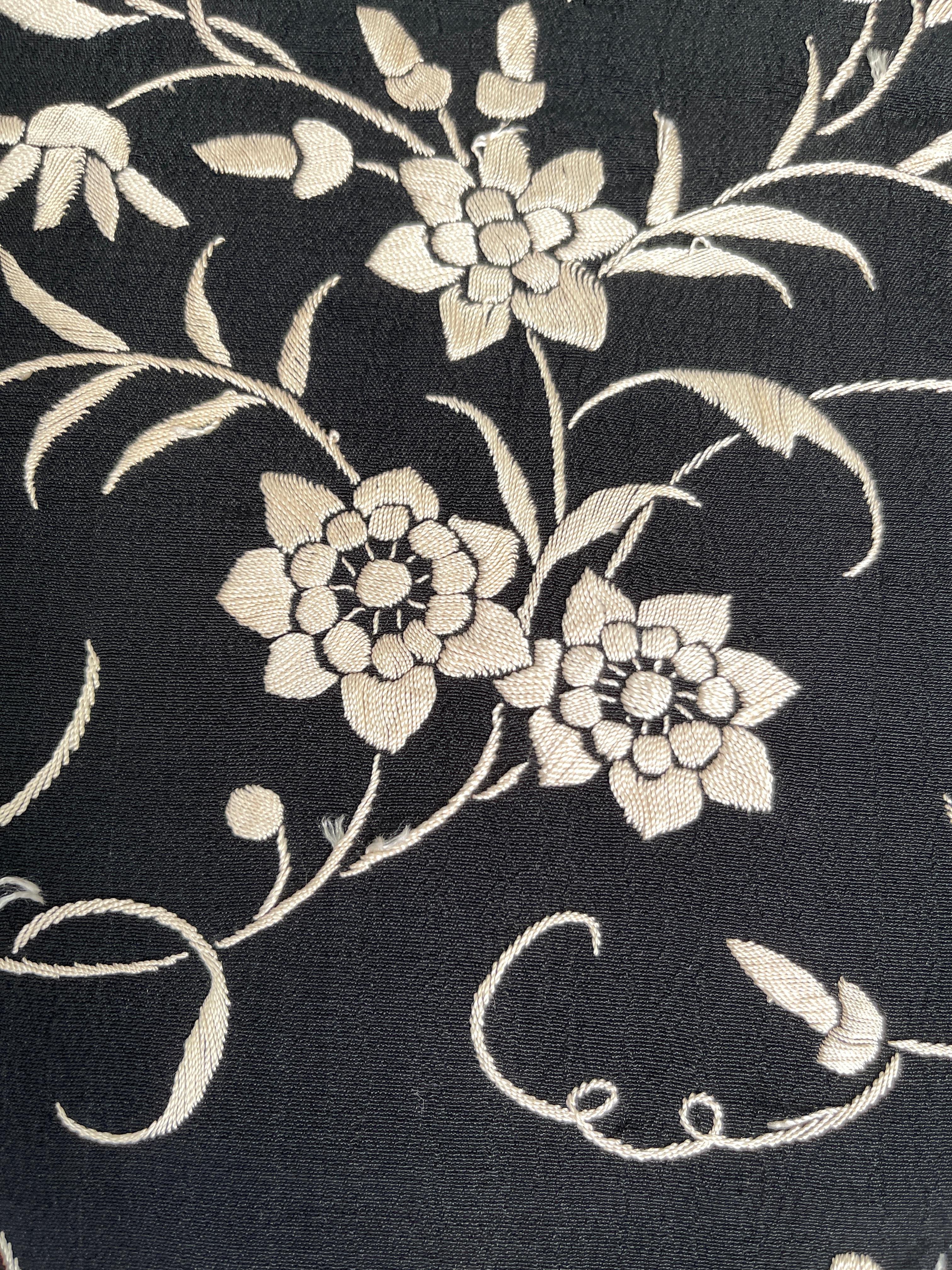 Art Deco 7 Ft. Black Silk Manila Piano Shawl With White Floral Embroidery For Sale 4