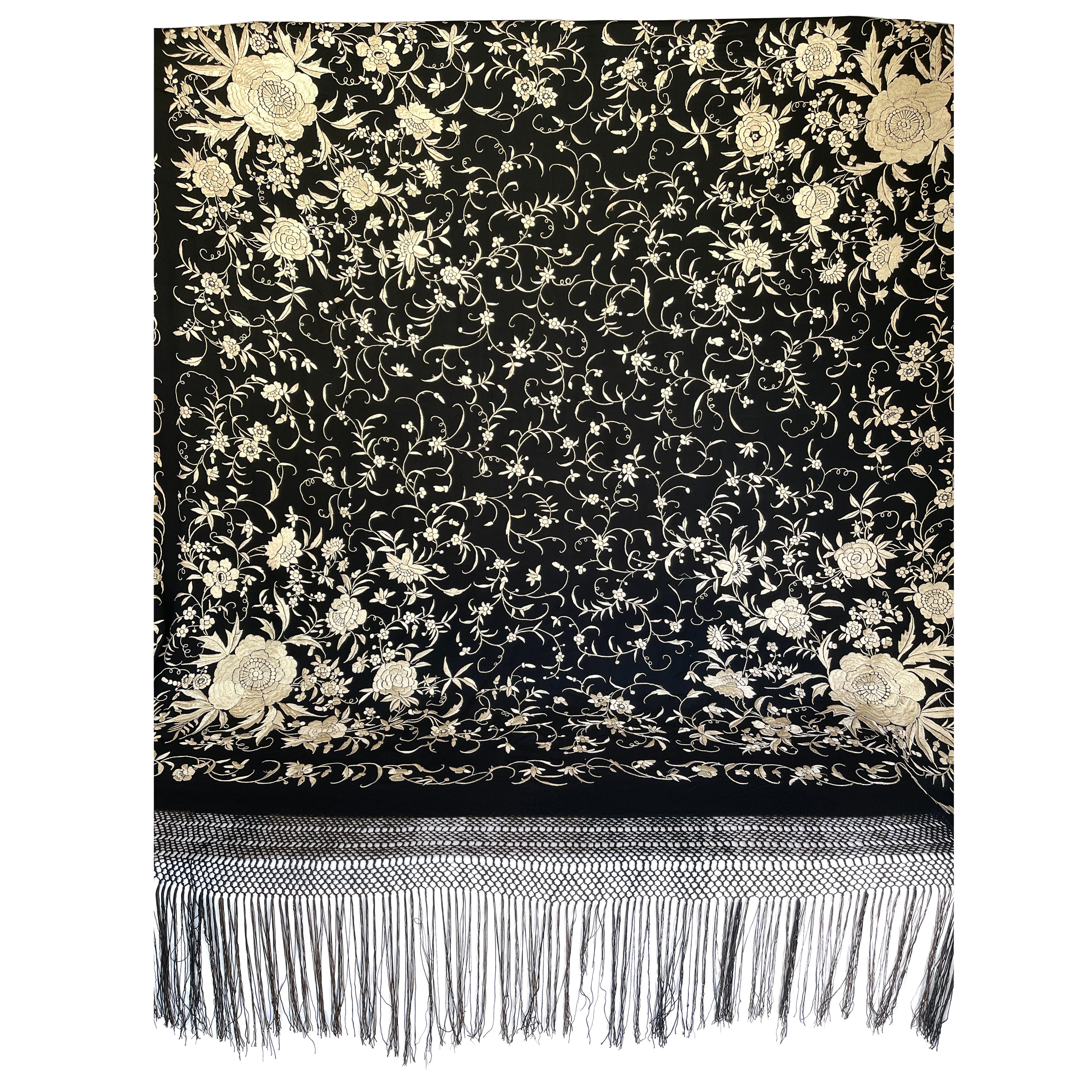 Art Deco 7 Ft. Black Silk Manila Piano Shawl With White Floral Embroidery