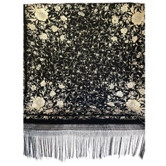 Art Deco 7 Ft. Black Silk Manila Piano Shawl With White Floral Embroidery