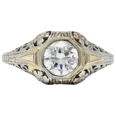 Art Deco .70 Carat Diamond 18 Karat White Gold Floral Filigree Engagement Ring