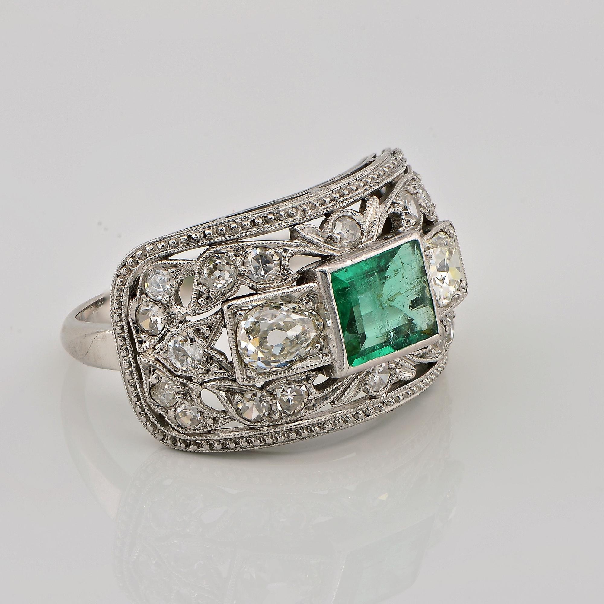 Old Mine Cut Art Deco .70 Ct Colombian Emerald . 75 Ct. Diamond Platinum ring For Sale
