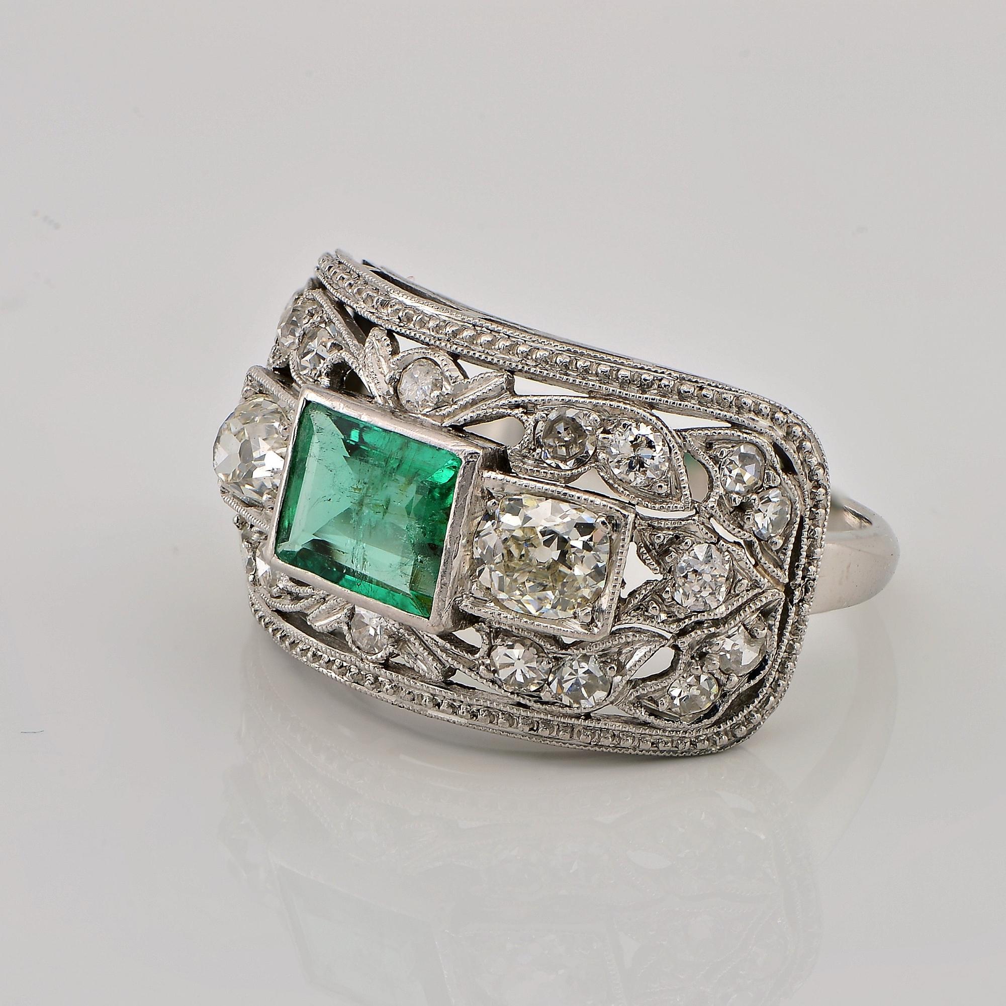 Women's Art Deco .70 Ct Colombian Emerald . 75 Ct. Diamond Platinum ring For Sale