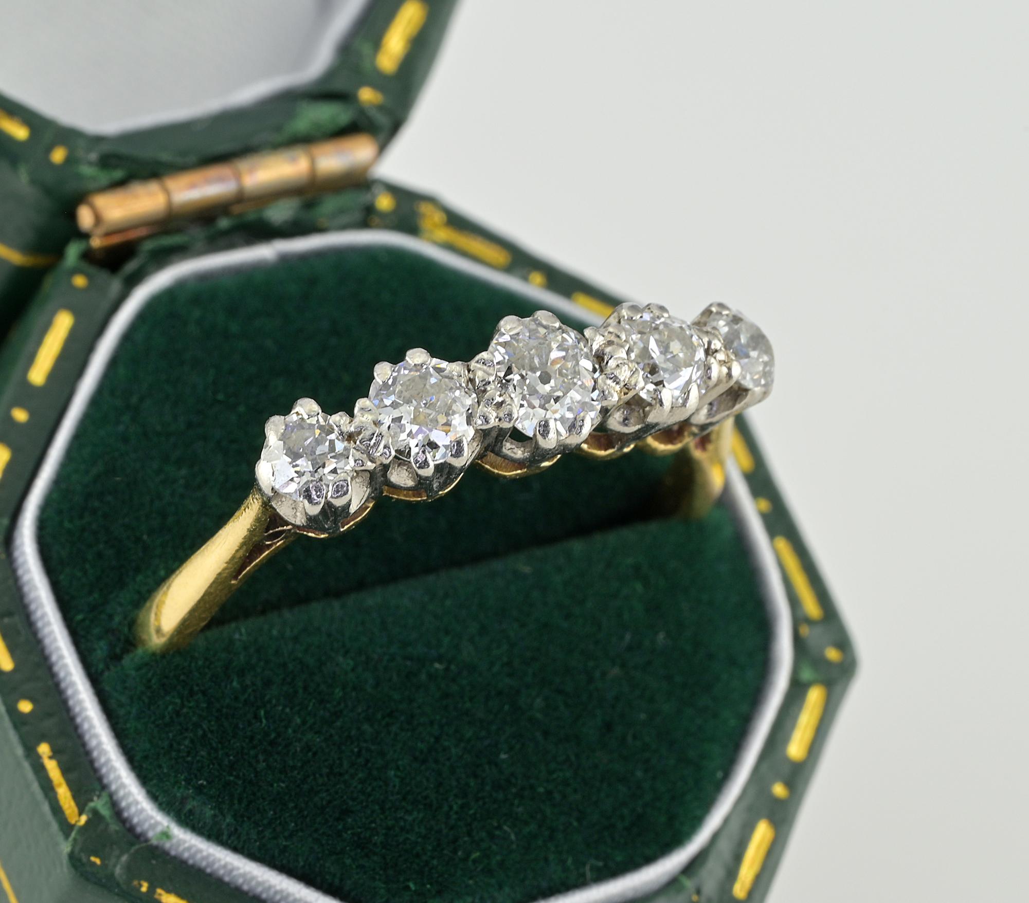 Old Mine Cut Art Deco .70 Ct Old Mine Diamond Five Stone Ring Plat/18 Kt For Sale