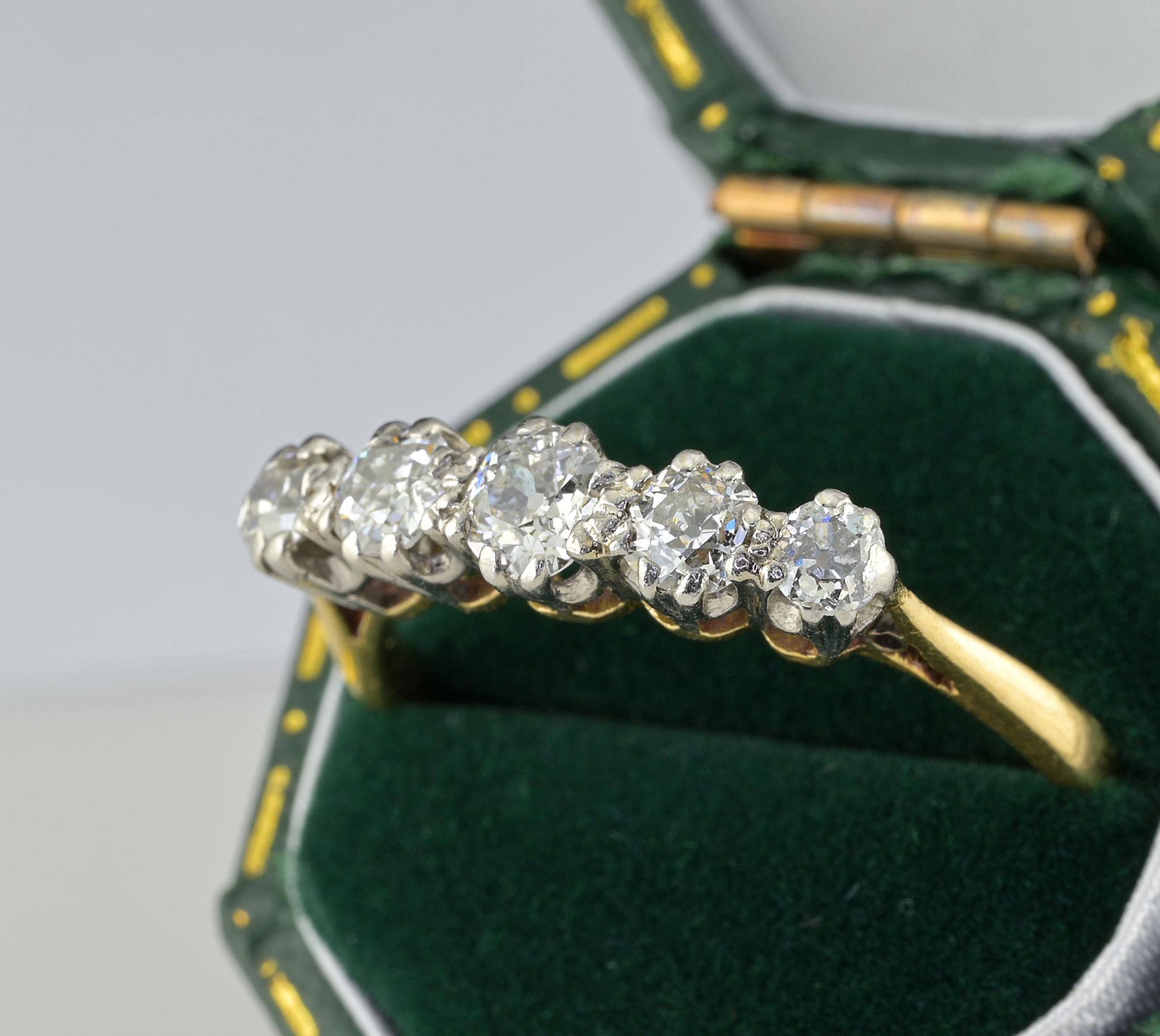 Art Deco .70 Ct Old Mine Diamond Five Stone Ring Plat/18 Kt In Good Condition For Sale In Napoli, IT