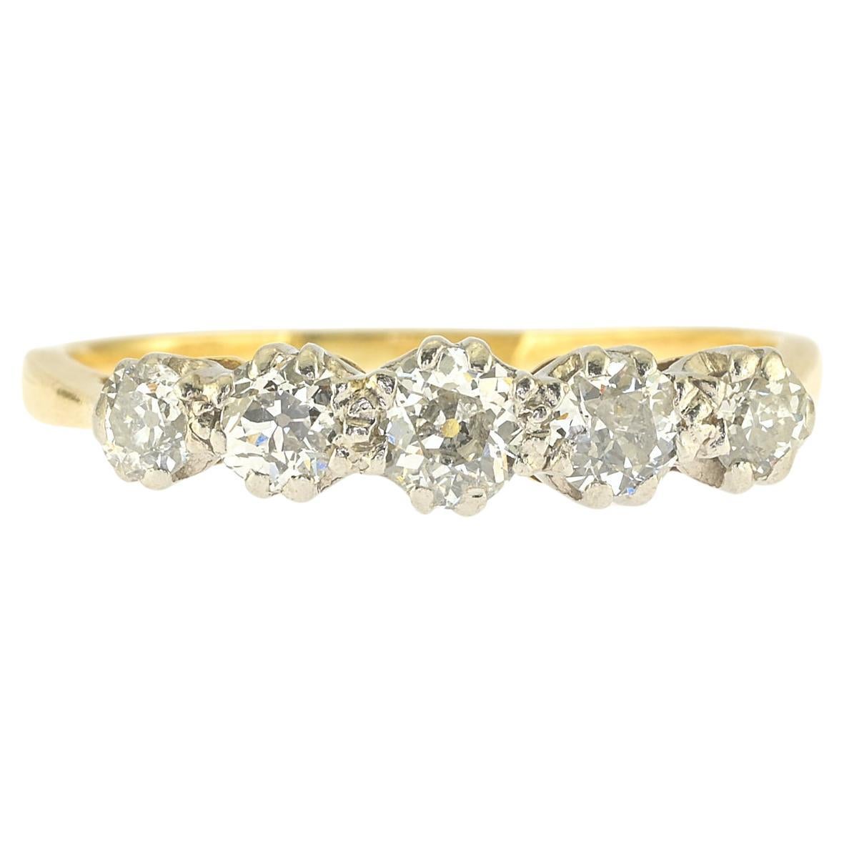 Art Deco .70 Ct Old Mine Diamond Five Stone Ring Plat/18 Kt For Sale