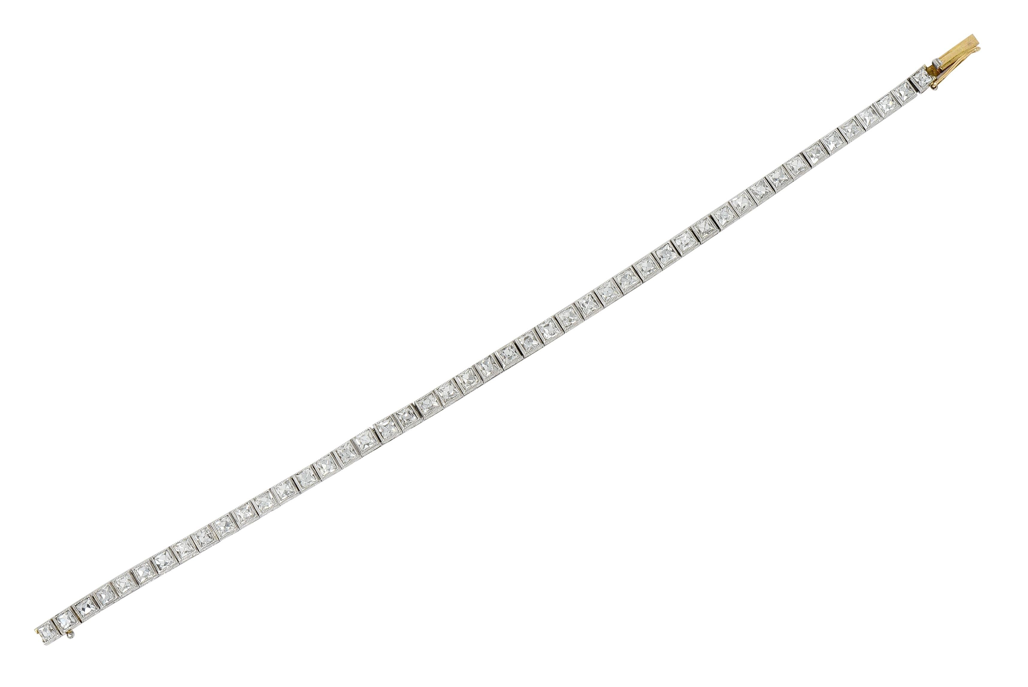 Line style bracelet comprised of articulated square links bezel set with French cut diamonds

Weighing in total approximately 7.00 carats, G to I color with VS and SI clarity

A few diamonds with minor chips; consistent with age, wear, and