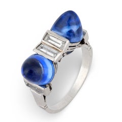 Art Deco 7.00 carat sugarloaf cut sapphire diamond platinum ring