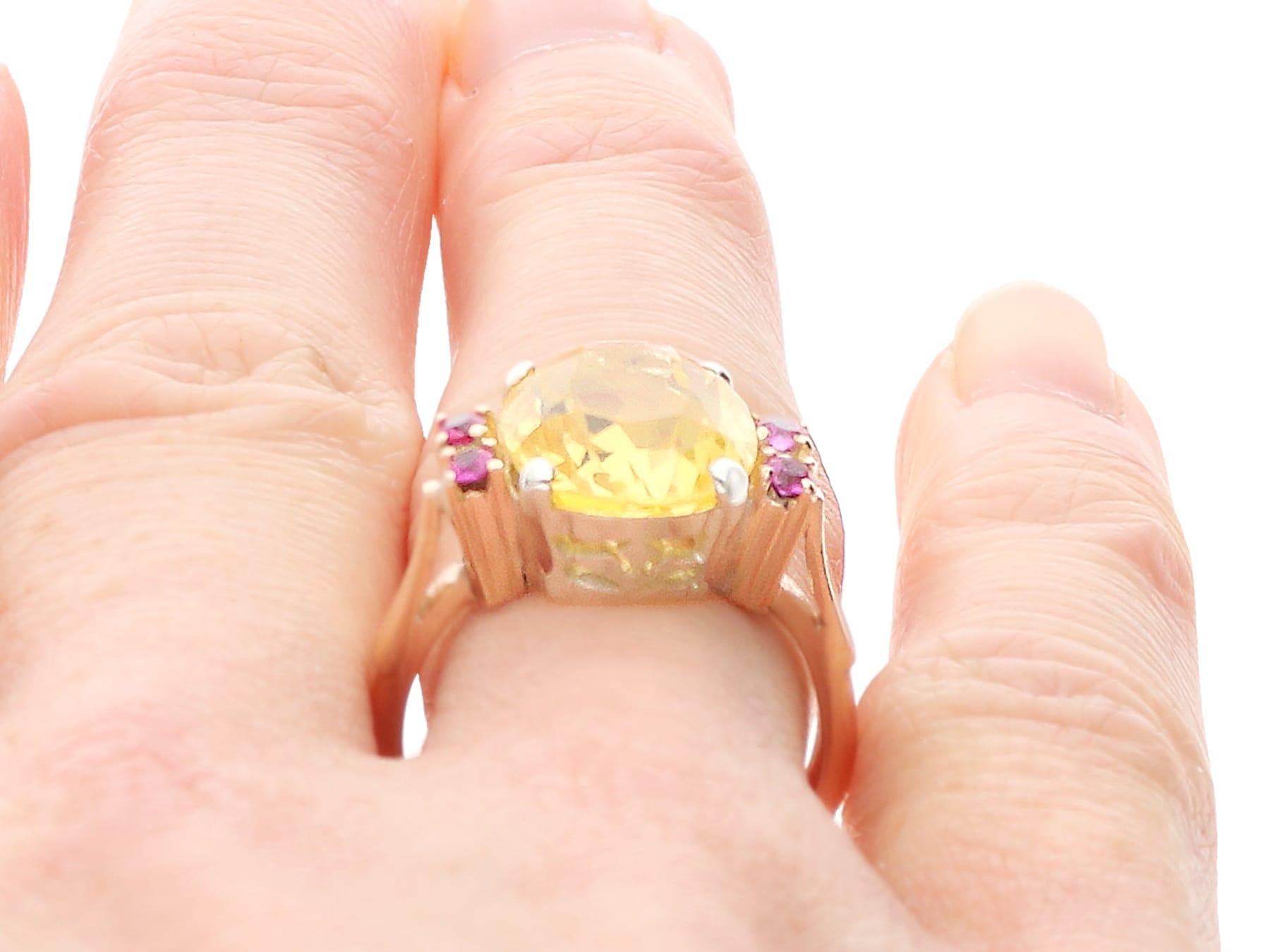 Art Deco 7.10 Carat Yellow Ceylon Sapphire, Ruby, 9k Rose Gold Ring Circa 1920 For Sale 5