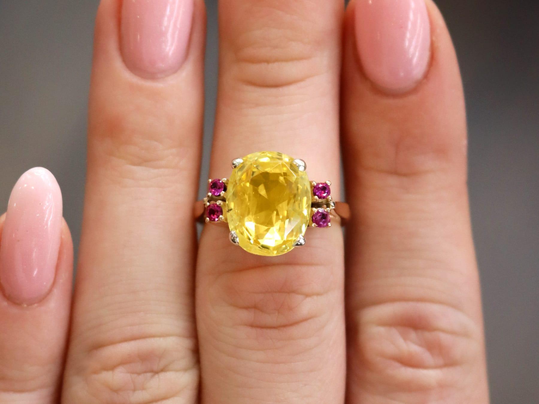 Cushion Cut Art Deco 7.10 Carat Yellow Ceylon Sapphire, Ruby, 9k Rose Gold Ring Circa 1920 For Sale