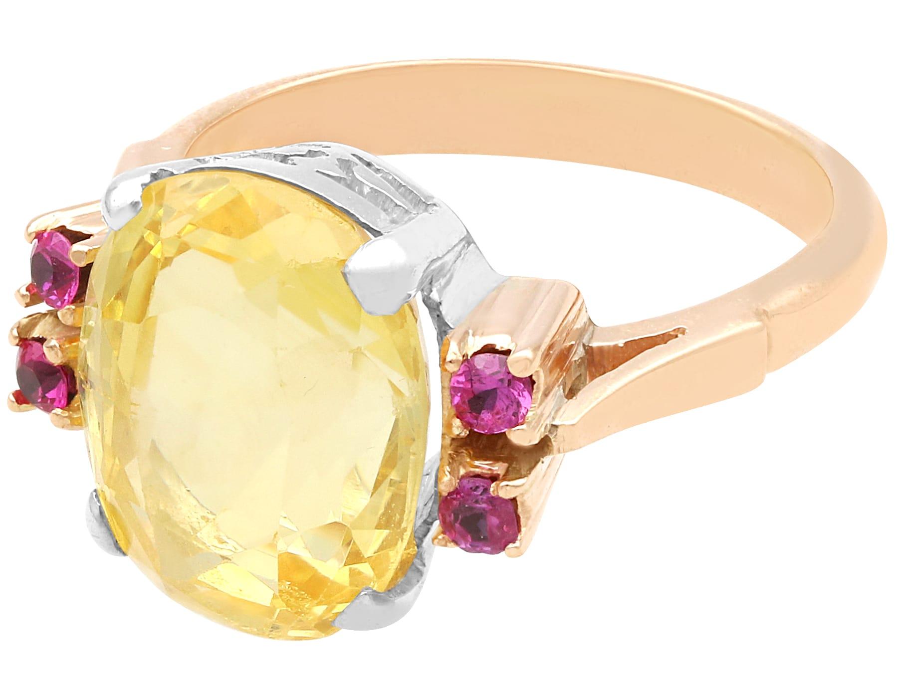 Women's or Men's Art Deco 7.10 Carat Yellow Ceylon Sapphire, Ruby, 9k Rose Gold Ring Circa 1920 For Sale