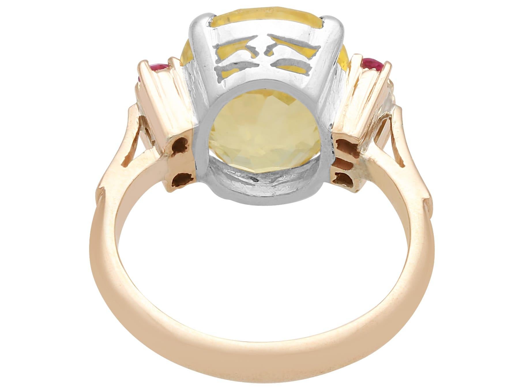 Art Deco 7.10 Carat Yellow Ceylon Sapphire, Ruby, 9k Rose Gold Ring Circa 1920 For Sale 1