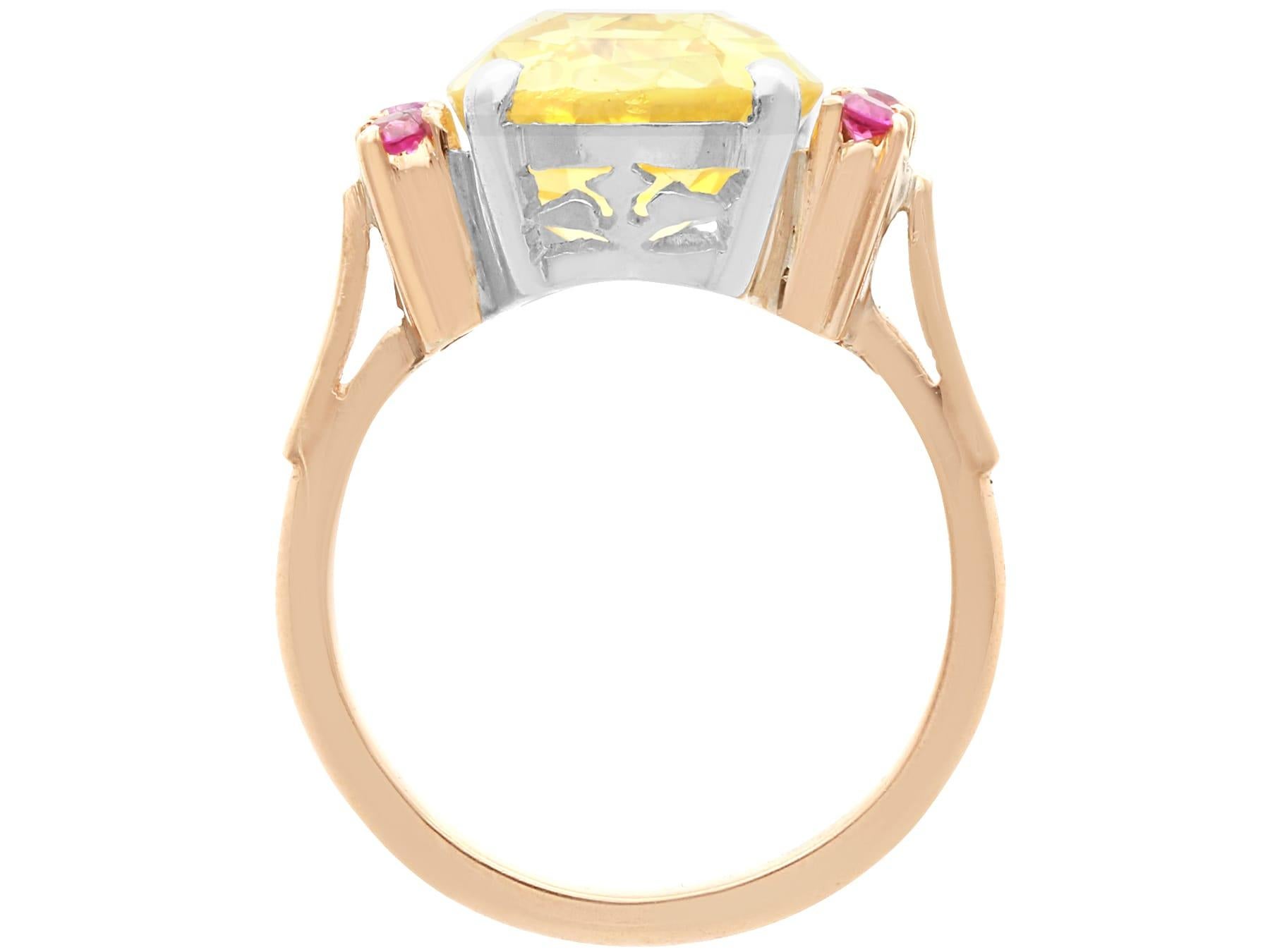 Art Deco 7.10 Carat Yellow Ceylon Sapphire, Ruby, 9k Rose Gold Ring Circa 1920 For Sale 2