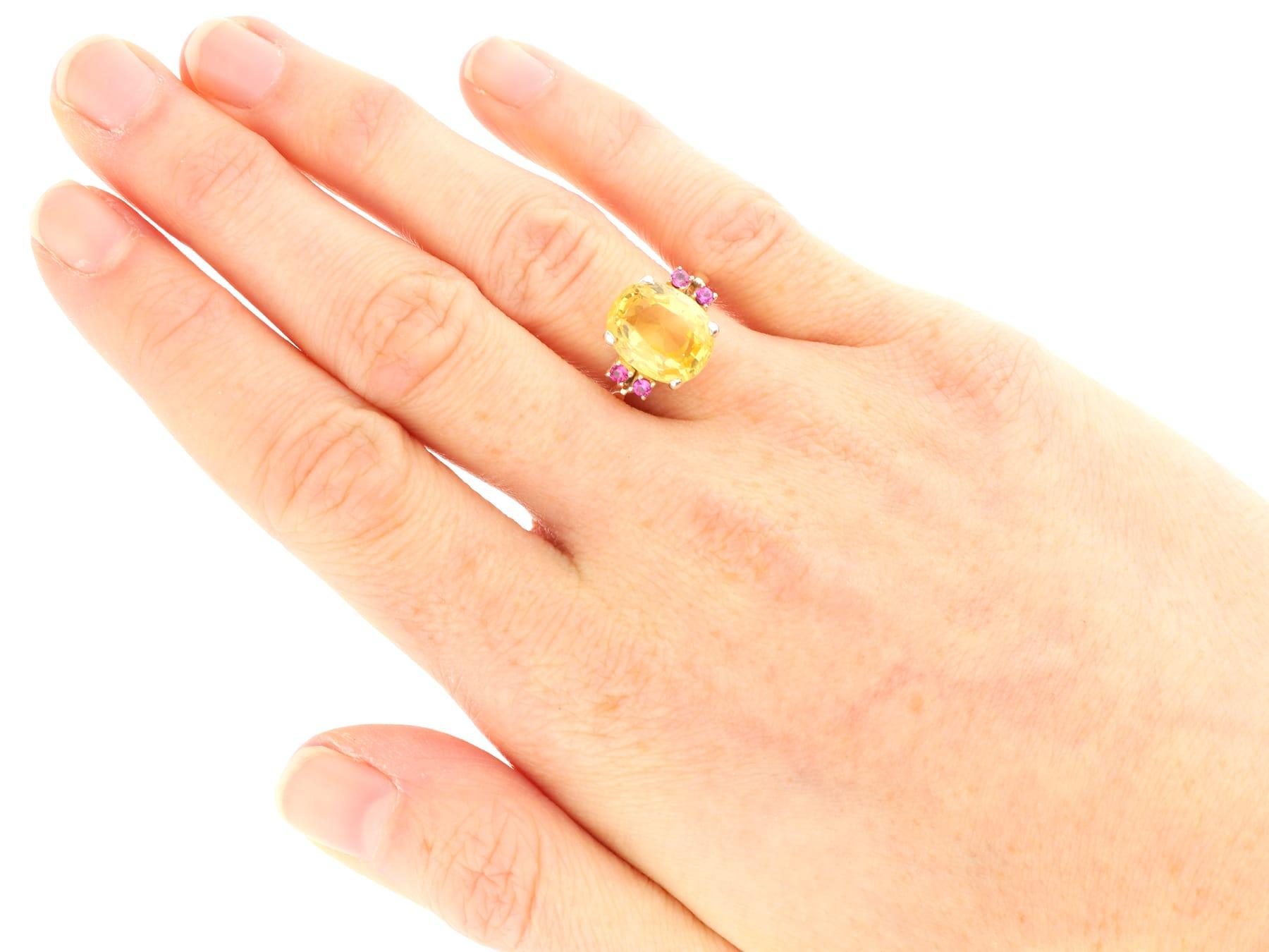 Art Deco 7.10 Carat Yellow Ceylon Sapphire, Ruby, 9k Rose Gold Ring Circa 1920 For Sale 3