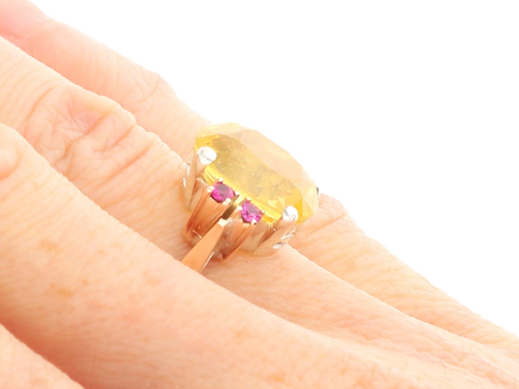 Art Deco 7.10 Carat Yellow Ceylon Sapphire, Ruby, 9k Rose Gold Ring Circa 1920 For Sale 4