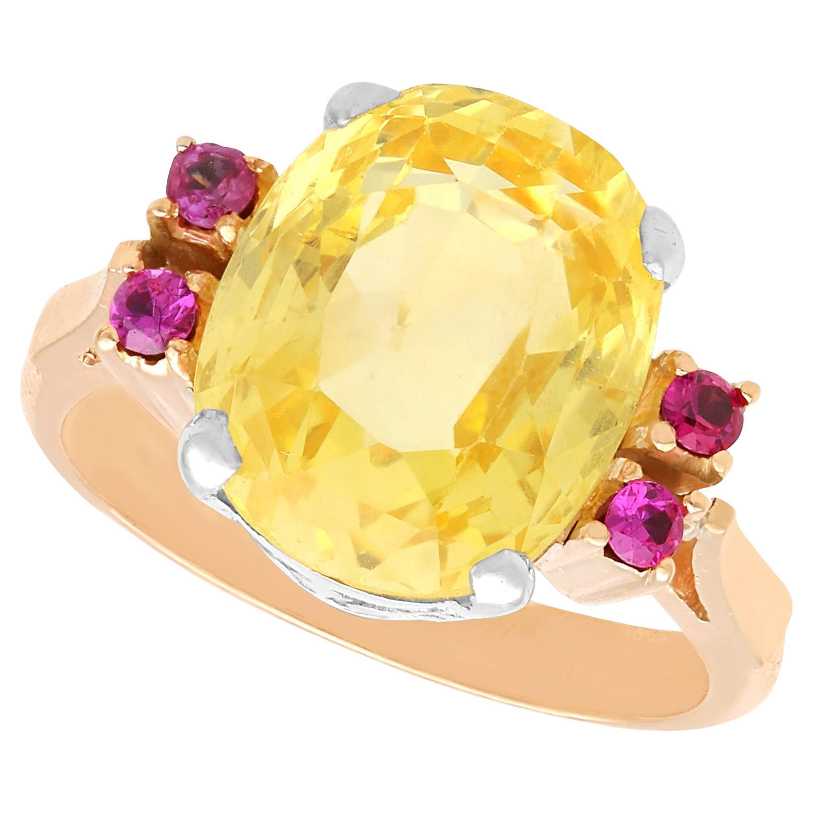 Art Deco 7.10 Carat Yellow Ceylon Sapphire, Ruby, 9k Rose Gold Ring Circa 1920 For Sale