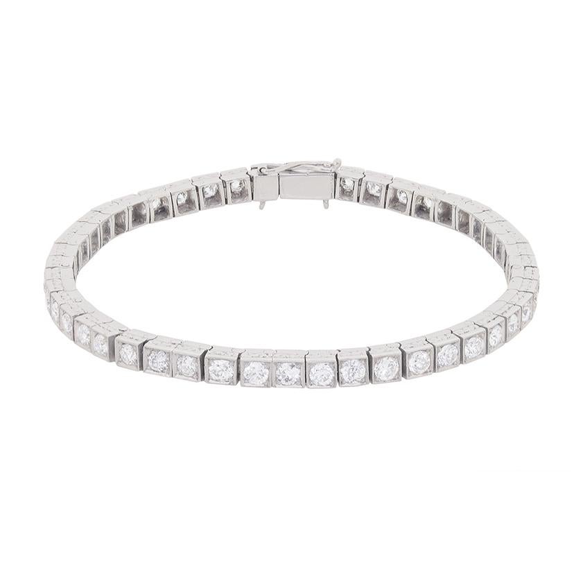 There are 48 old cut diamonds in total making up this beautiful tennis bracelet, each weighing 0.15 carat. This brings the total to 7.20 carat and they all match in quality. Estimated as F to G in colour and VS in clarity, they truly sparkle within