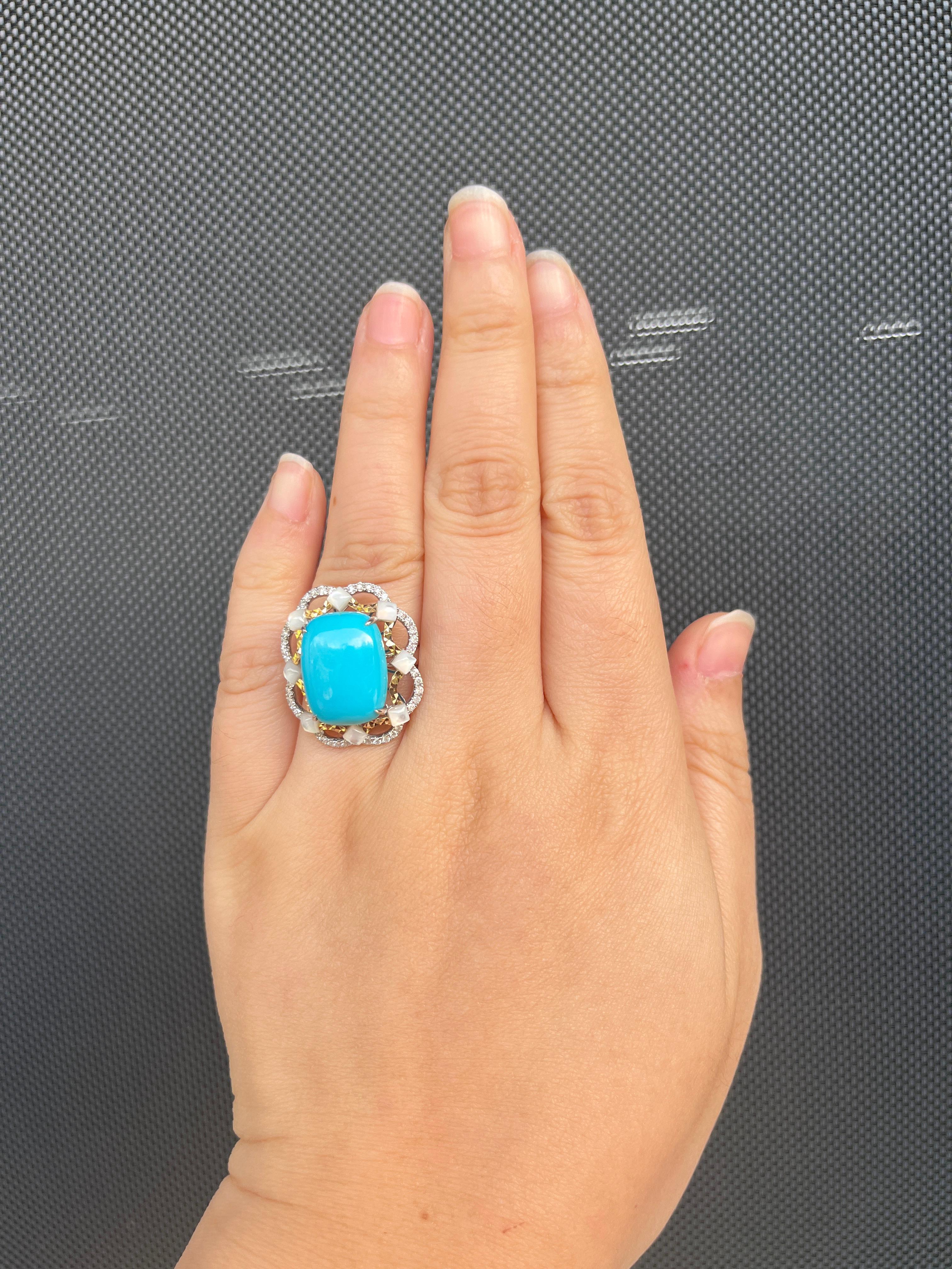 Celebrate timeless elegance with this extraordinary piece of artistry.   This ring features a captivating 7.24-carat turquoise, radiating vibrant hues of blue that evoke tranquility and sophistication.   The side is beautifully framed by delicate