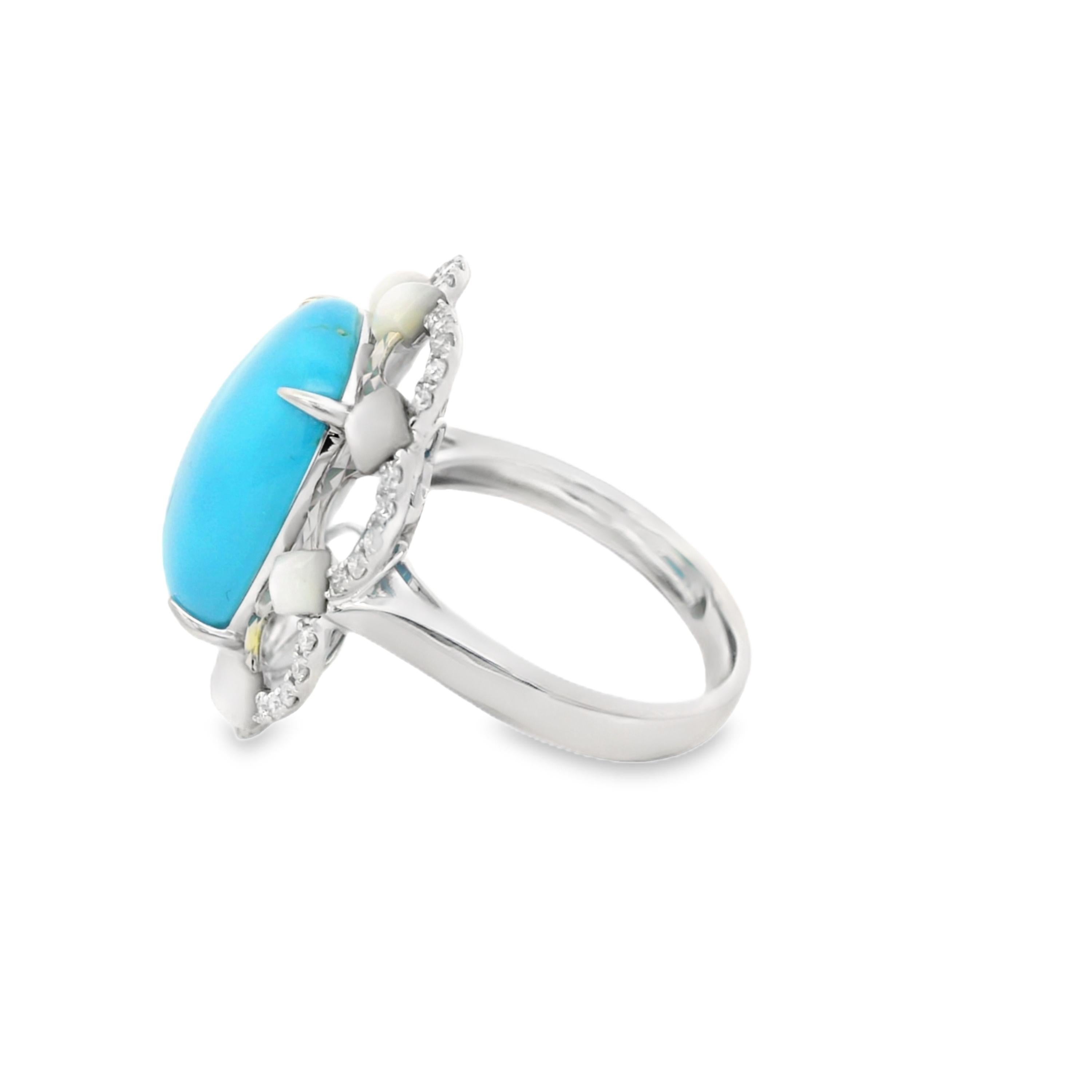 Art Deco 7.24Ct Sleeping Beauty Turquoise Mother of Pearl Diamond Ring in 18K In New Condition For Sale In Hong Kong, HK