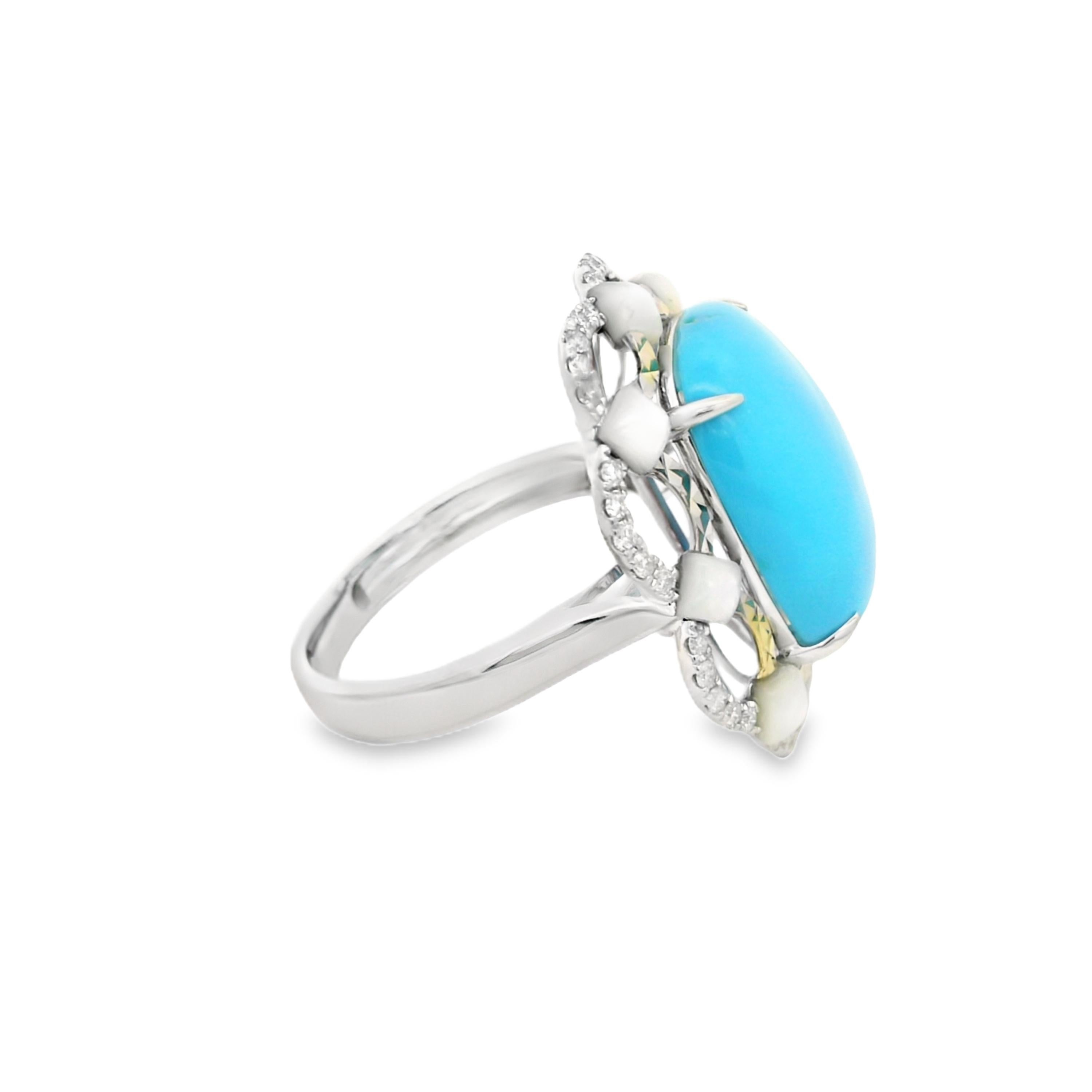 Art Deco 7.24Ct Sleeping Beauty Turquoise Mother of Pearl Diamond Ring in 18K For Sale 1