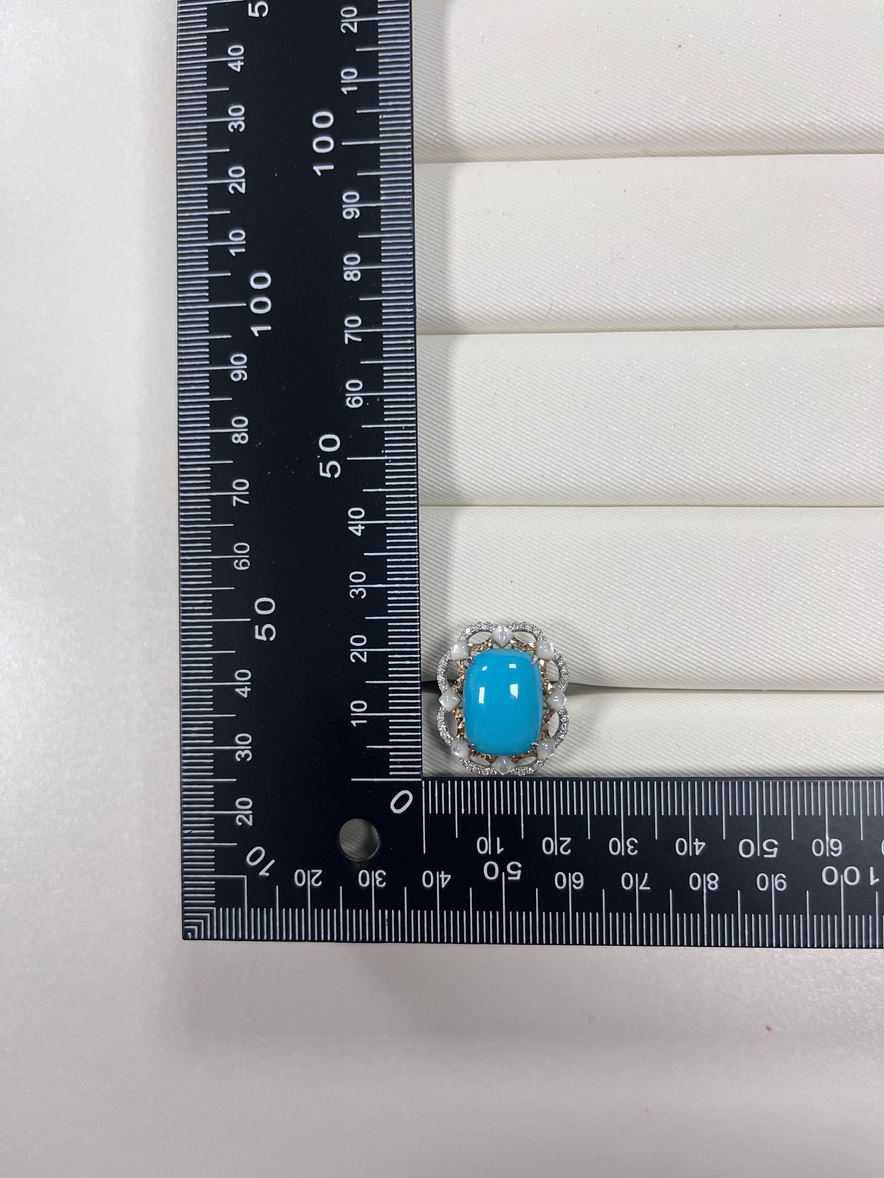 Cushion Cut Art Deco 7.24Ct Sleeping Beauty Turquoise Mother of Pearl Diamond Ring in 18K For Sale