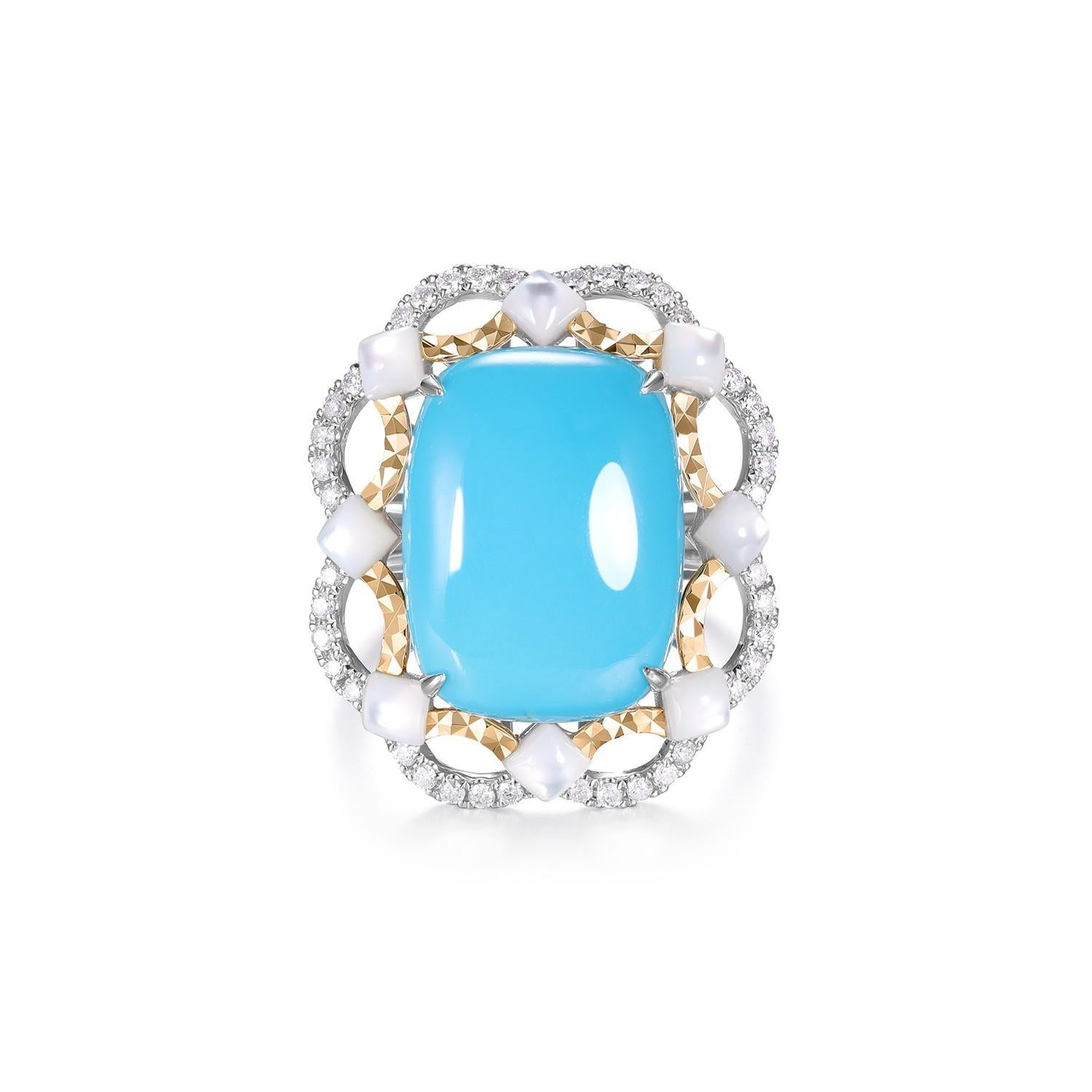 Art Deco 7.24Ct Sleeping Beauty Turquoise Mother of Pearl Diamond Ring in 18K For Sale 2