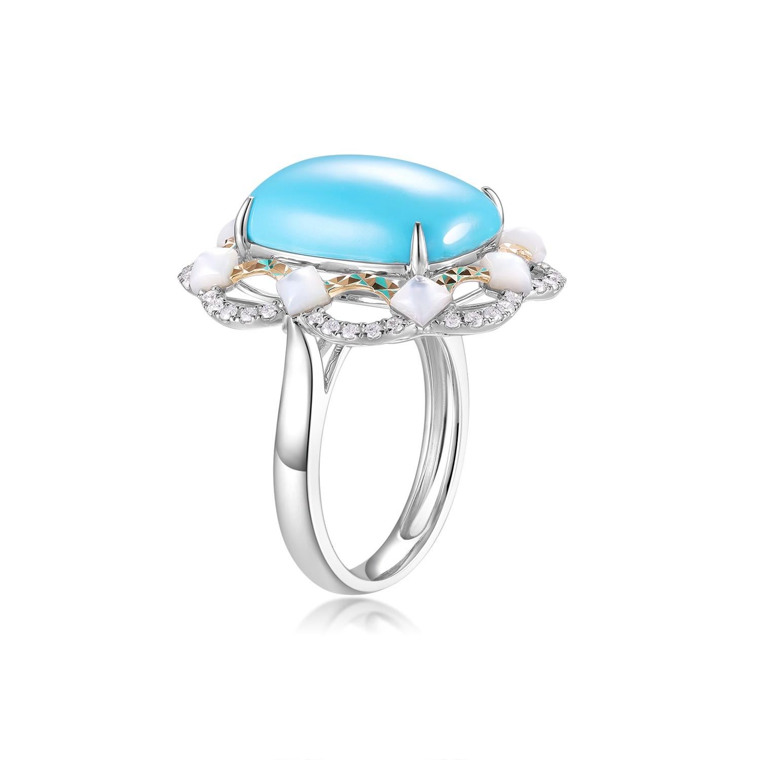 Art Deco 7.24Ct Sleeping Beauty Turquoise Mother of Pearl Diamond Ring in 18K For Sale 3