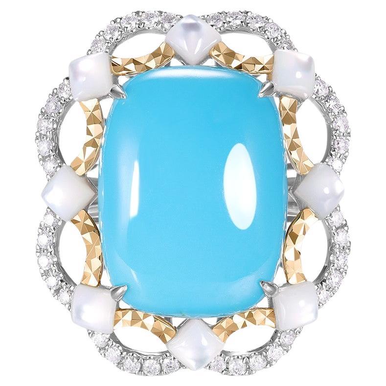 Art Deco 7.24Ct Sleeping Beauty Turquoise Mother of Pearl Diamond Ring in 18K For Sale