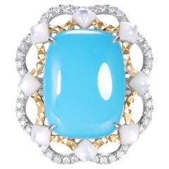 Art Deco 7.24Ct Sleeping Beauty Turquoise Mother of Pearl Diamond Ring in 18K