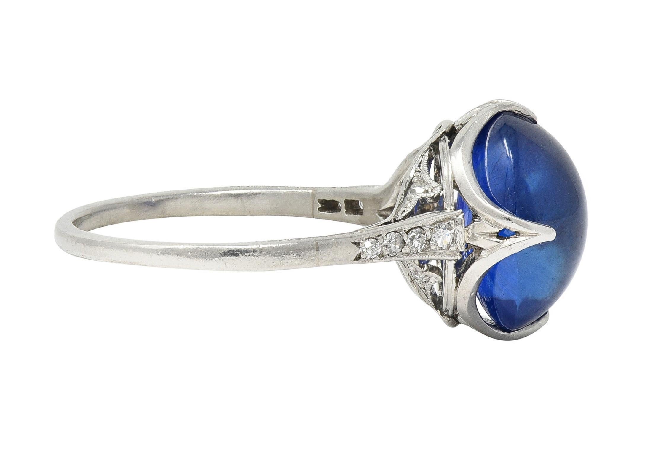 Women's or Men's Art Deco 7.25 CTW No Heat Ceylon Sapphire Diamond Platinum Ribbon Antique Ring For Sale