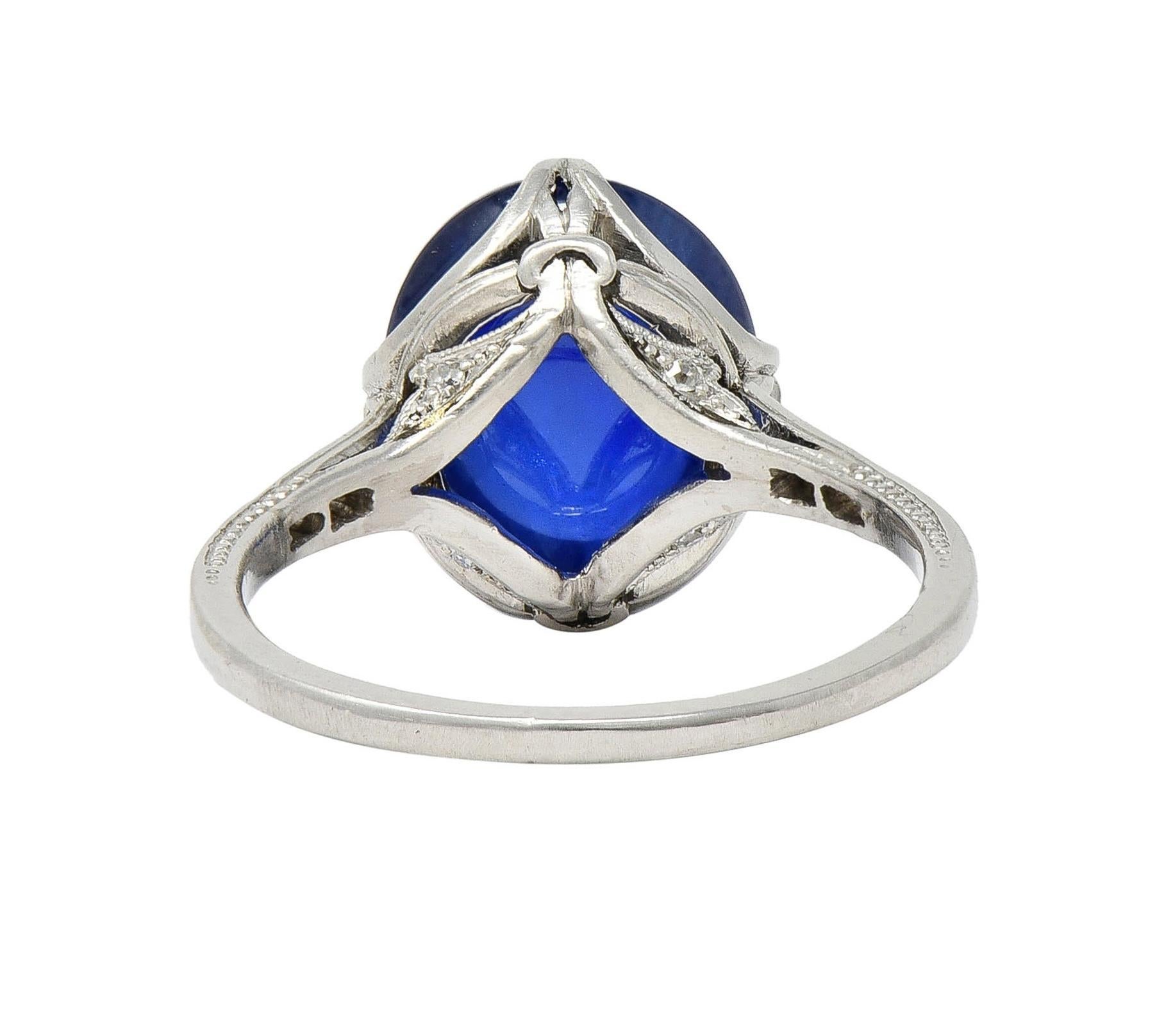 Art Deco 7.25 CTW No Heat Ceylon Sapphire Diamond Platinum Ribbon Antique Ring For Sale 1